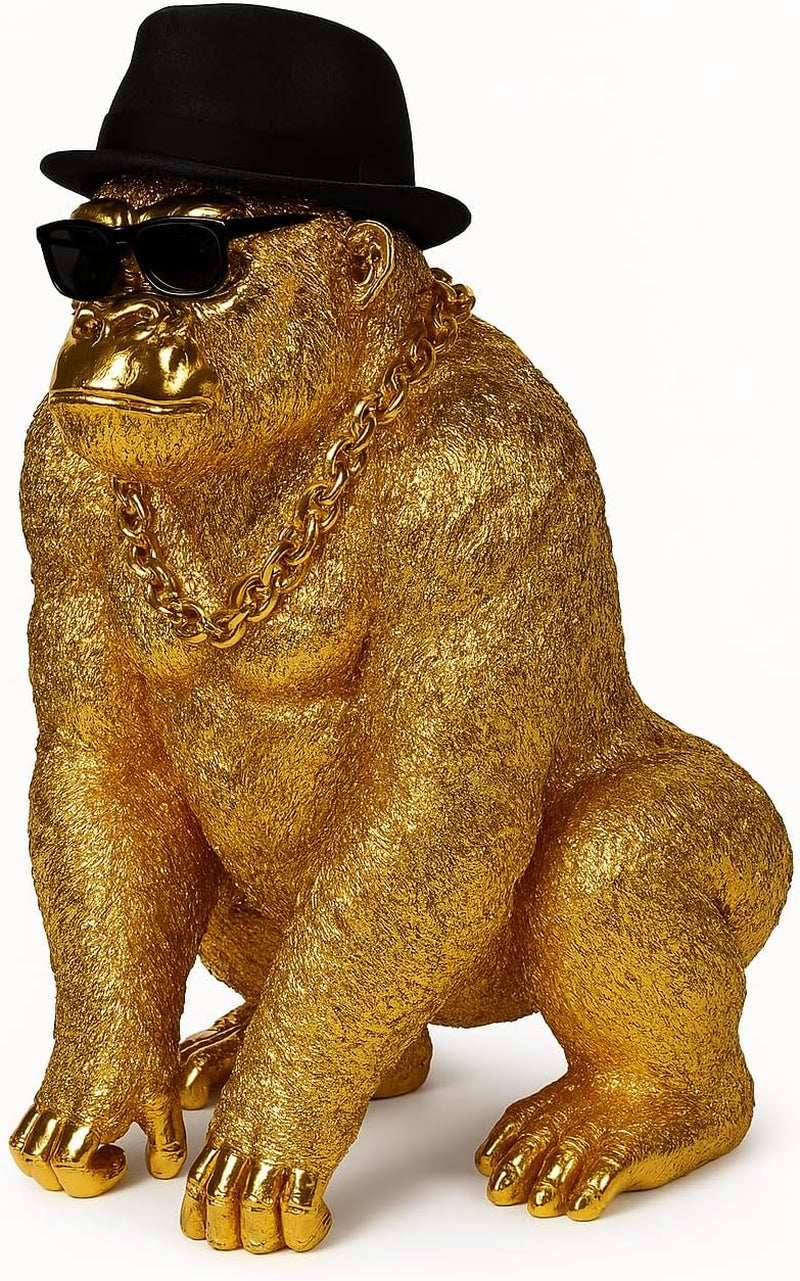 Bongo Gold – Statue Gorilla Gold Premium Dekofigur Mit Brille & Kette Gold – Skulptur Design XXL – Außergewöhnliche Französische Kreation Für Wohnzimmer Büro (Gold)