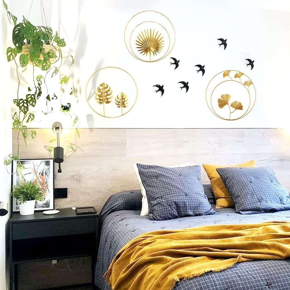 Gold Wanddeko Metall 3D Wandskulpturen, 3Pcs Wanddeko, 3D Wandbild Aus Metall Blätter, Ginkgo Blatt Kunst Hängen Ornament, Für Schlafzimmer Wohnzimmer Heimtextilien (Gold)