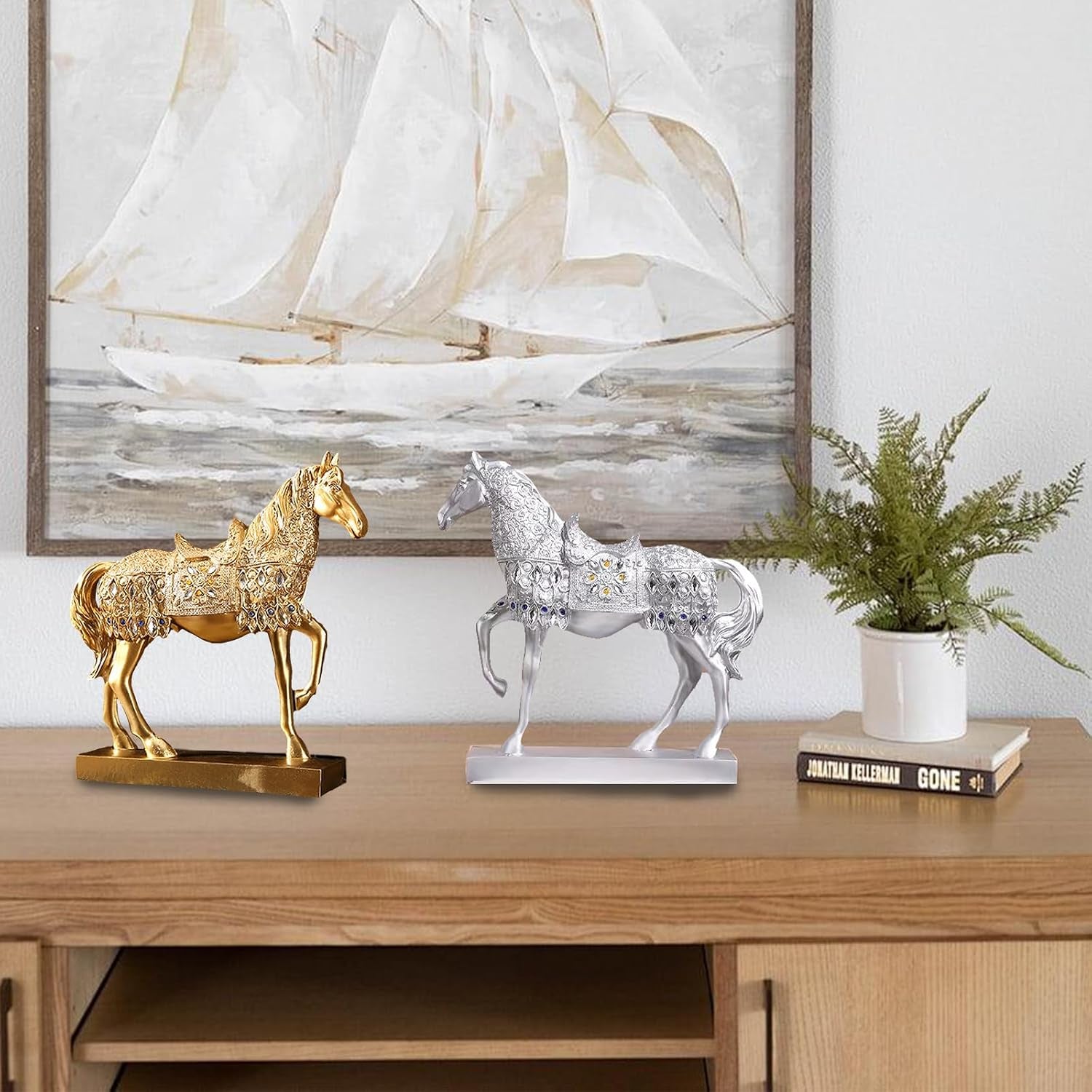 Pferd Figurine Aus Resin, Feng Shui Pferdeskulptur Für Home-Office, Schreibtisch & Weinregal, Tier Kunst Deko, 26X6.5X26Cm, 800G (Gold)