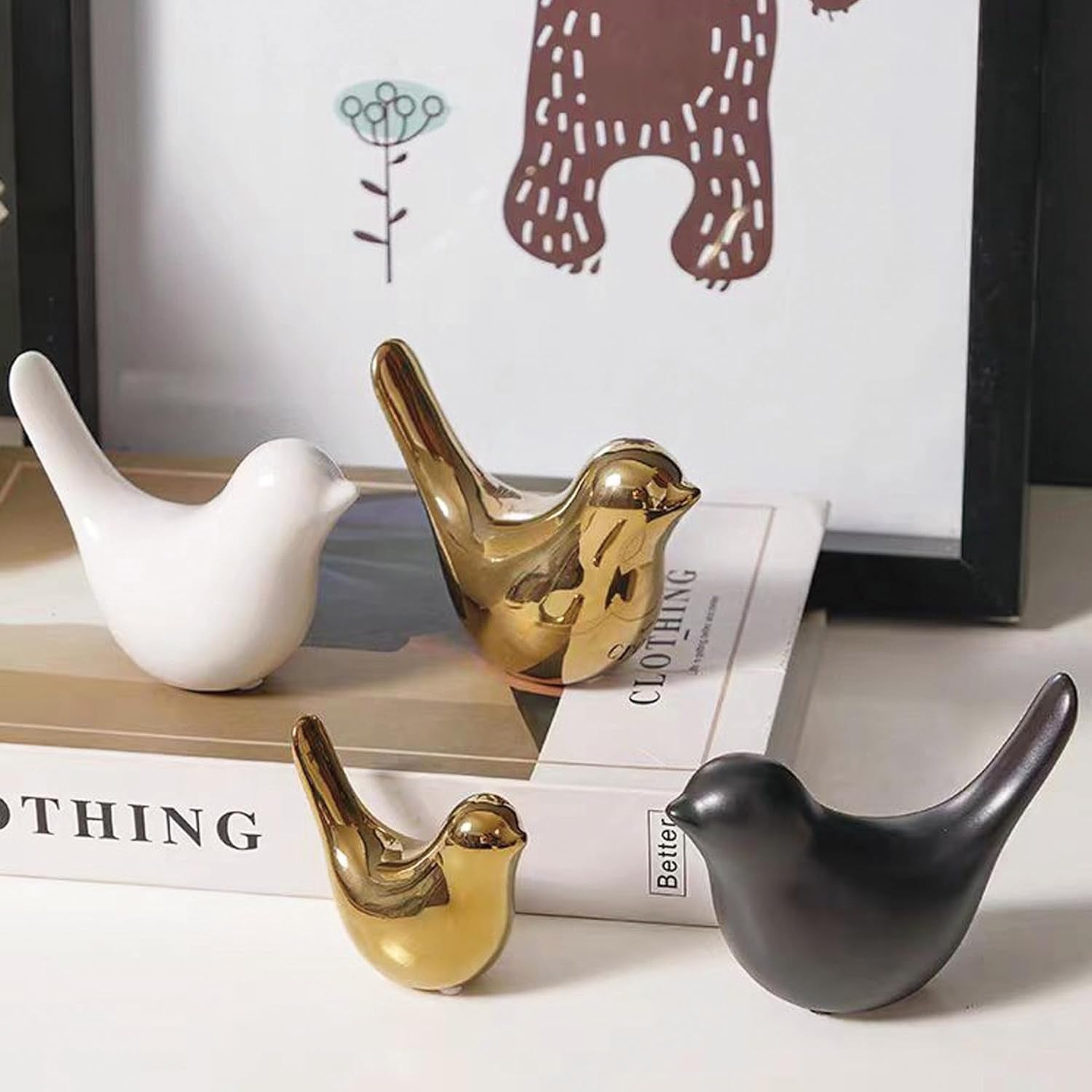 2 Stück Kleine Vögel Statuen, Keramik Vogel, Moderne Tier Vogel Skulpturen Für Landschaft Garten Home Office Desktop Display Dekor (Gold)