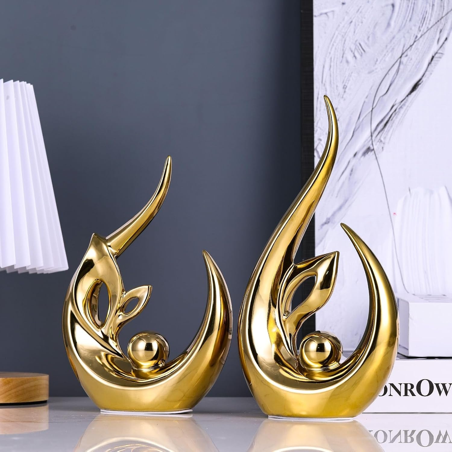 XMGZQ Gold Keramik Statue Satz Von 2,Moderne Abstrakte Skulptur Design,24 Cm Porzellan Figuren Haus Deko,Tischdekoration Für Wohnzimmer,Schlafzimmer,Esszimmer,Büro,Kunststatue