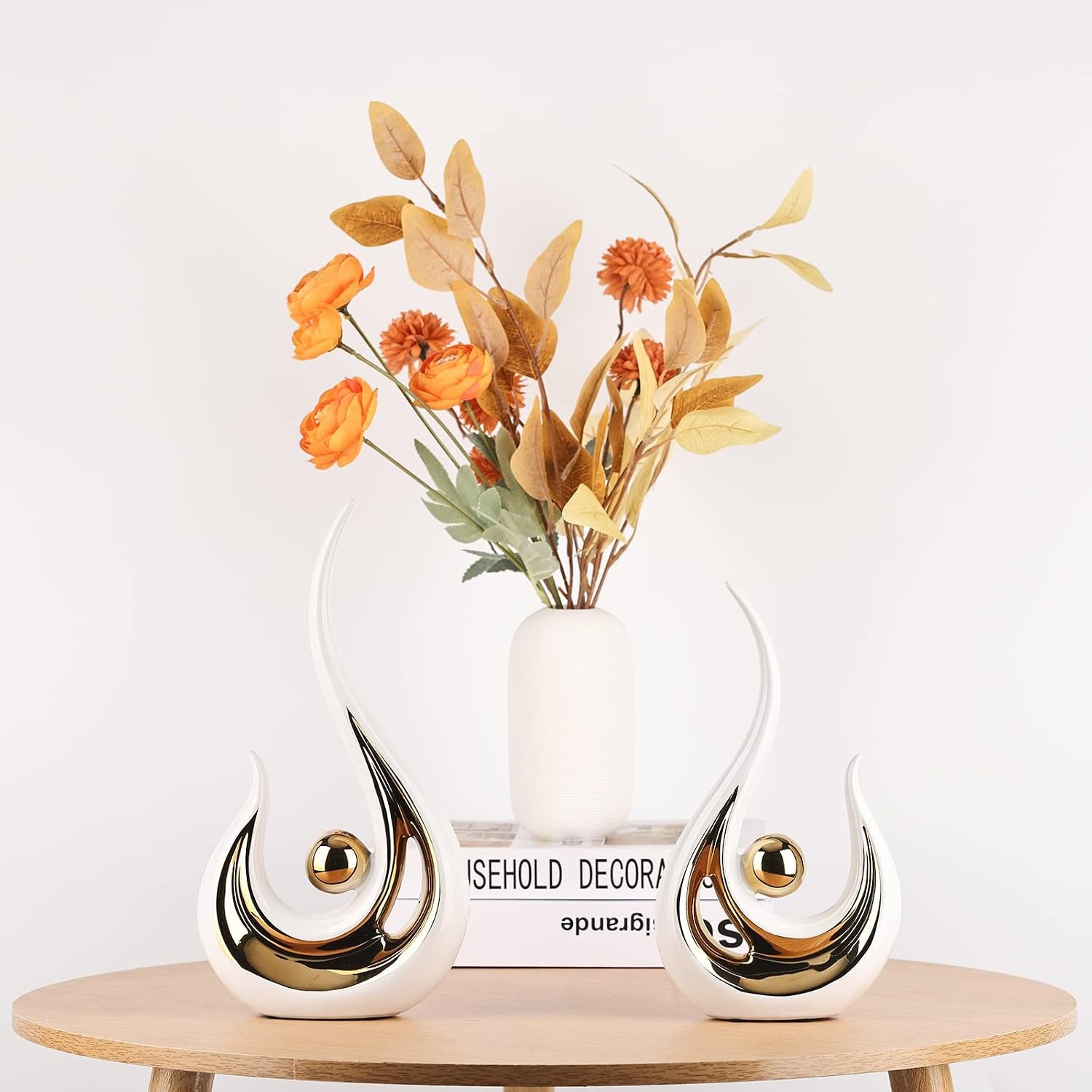White-Gold Ceramic Sculpture | Abstraktes Deko-Objekt