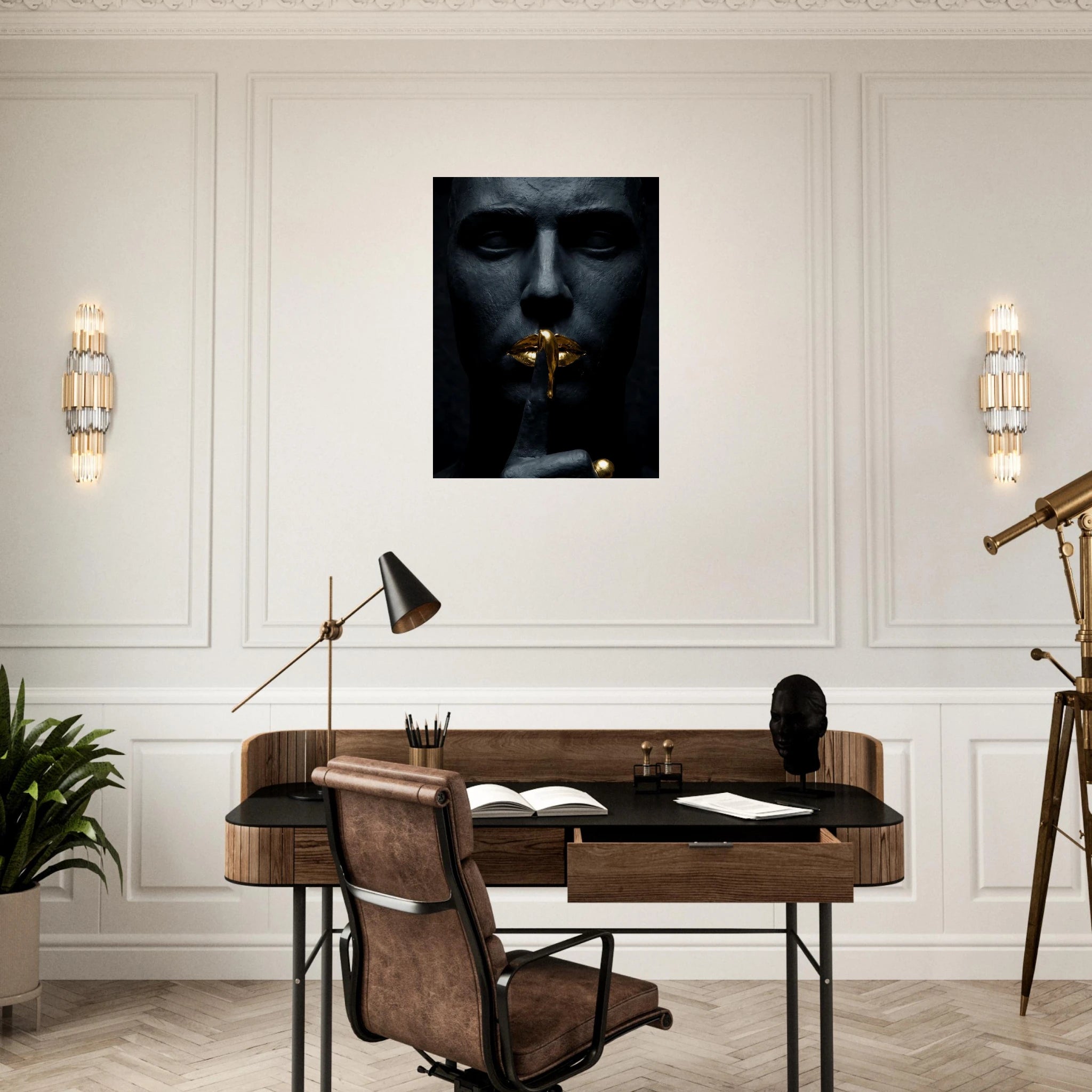 [THE GOLDEN SILENCE |Statue in Obsidian-Optik mit vergoldeten Lippen| Luxus Wandbild für Strategen] - Luxus Wandbild mit 24 Karat Gold | Dark Luxury Interior & Wanddekoration.