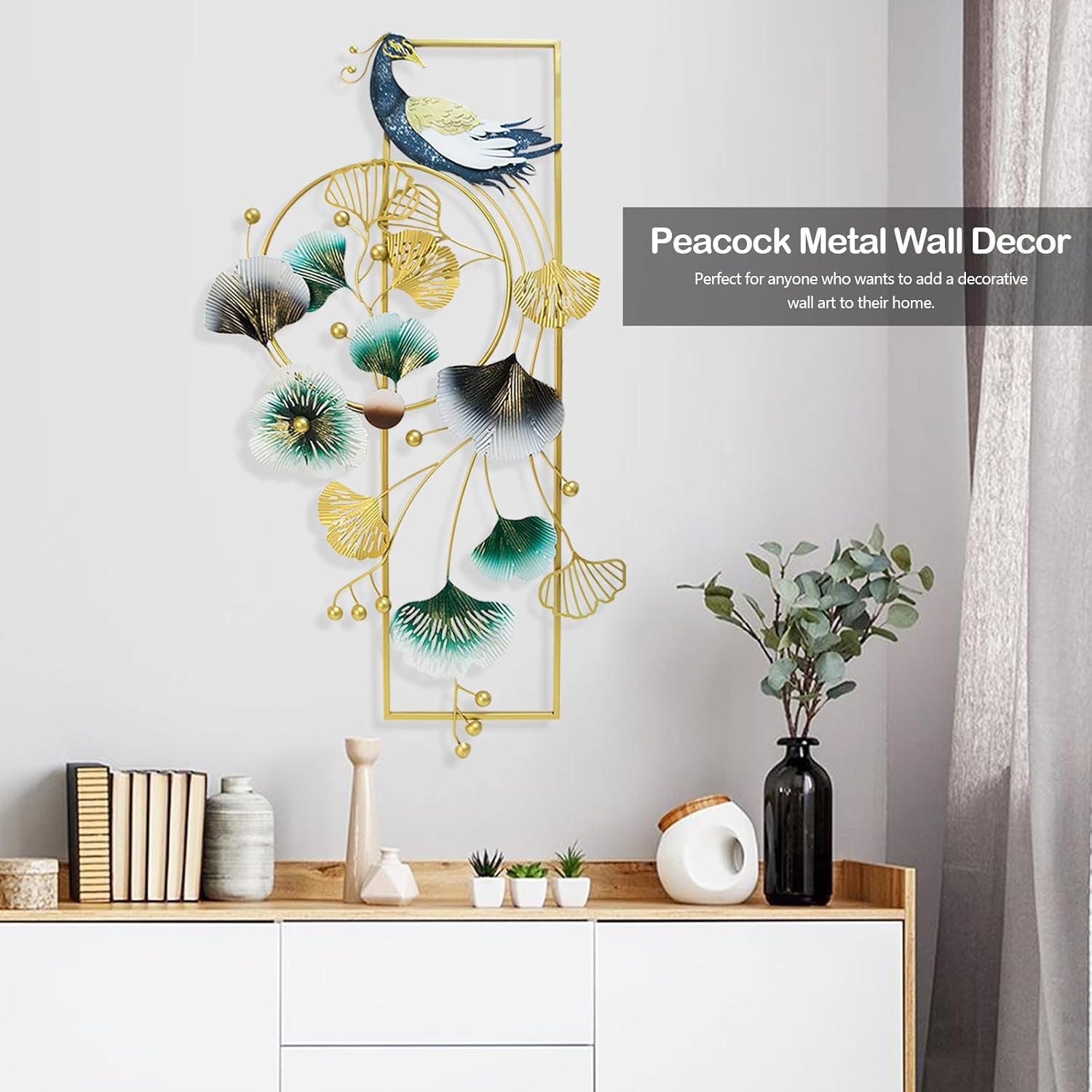 Wanddeko Wohnzimmer, 89 X 45Cm 3D Wanddekoration Wohnzimmer Wall Wanddeko Pfau Und Ginkgo Blätter Metall Wand Deko Hängende Esszimmer Korridor Wanddekoration 3D Wandbild Wall Decor