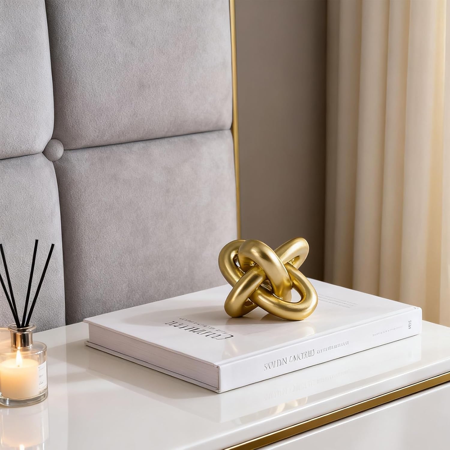 Goldene Knoten Dekoration, Dekorative Knoten Skulptur, Goldene Wohnkultur, Kaffeetisch Ketten Dekoration, Wohnzimmer-Regale, Bücherregale, Konsolen, Eingangsbereich, Bücherregal Dekoration.