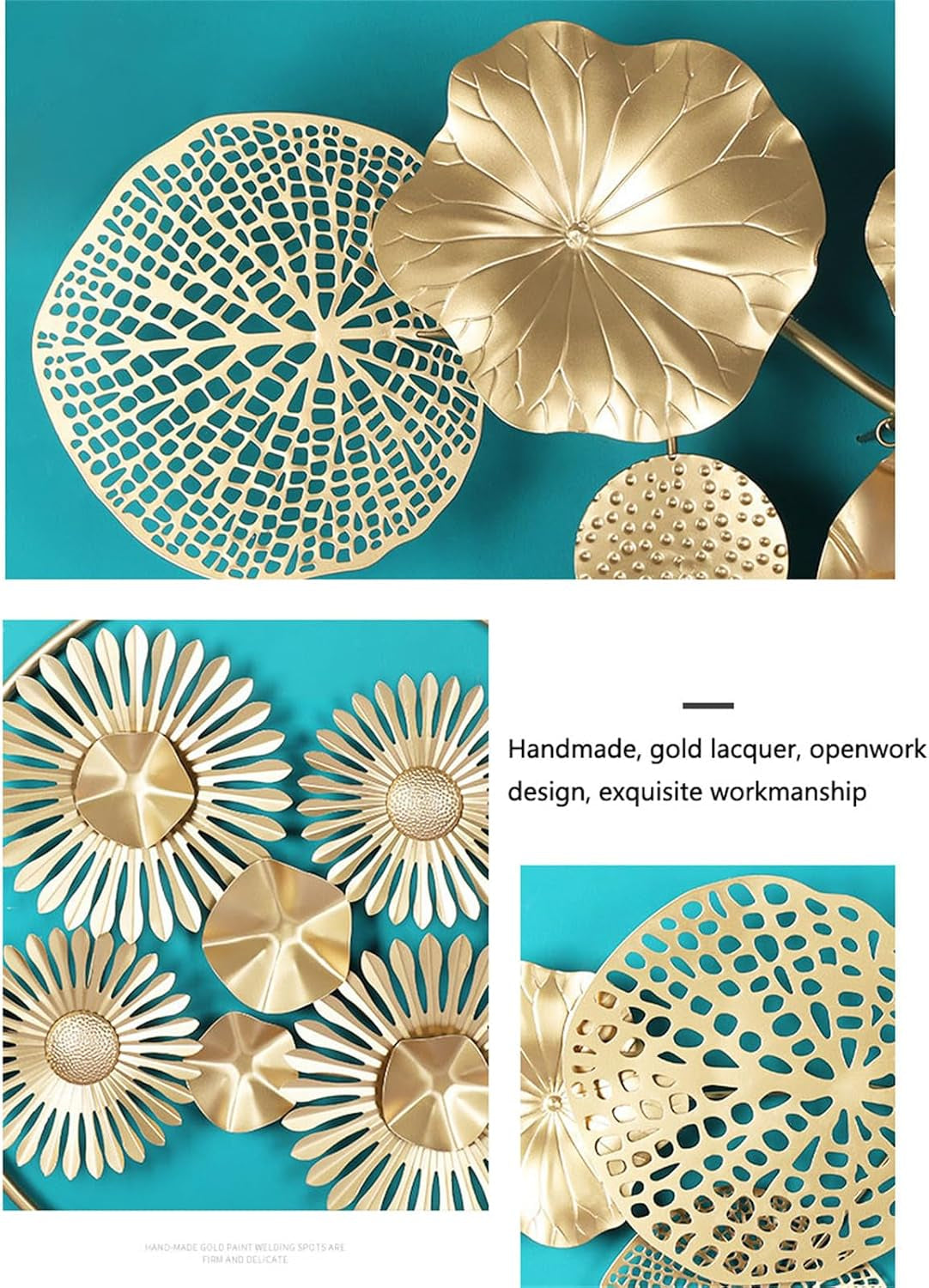 Metall Gold Lotusblatt Wanddekoration Luxus Gestapelte Blumen Wandkunst Dekoration Groß Schmiedeeisen Lotusblatt Metall Wandskulptur Wohnkultur Für Wohnzimmer Schlafzimmer, M