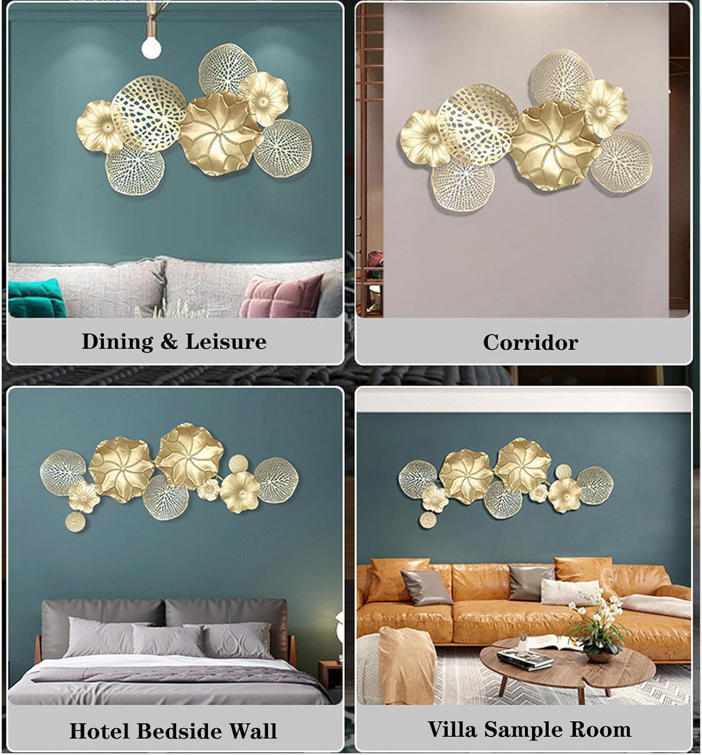 Metall Gold Lotusblatt Wanddekoration Luxus Gestapelte Blumen Wandkunst Dekoration Groß Schmiedeeisen Lotusblatt Metall Wandskulptur Wohnkultur Für Wohnzimmer Schlafzimmer, M