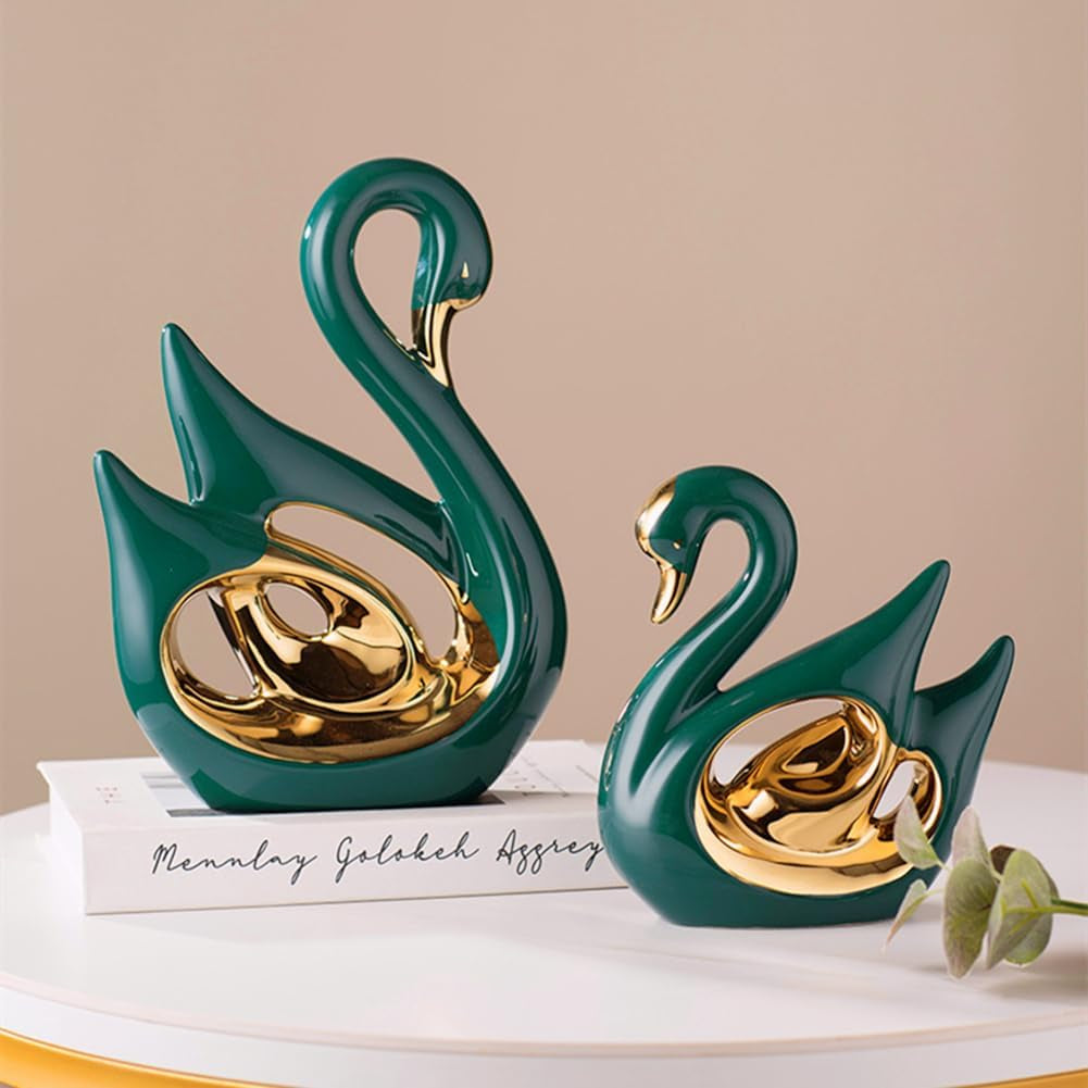 Swan Duo Gold-Grün Keramik-Skulpturen-Set