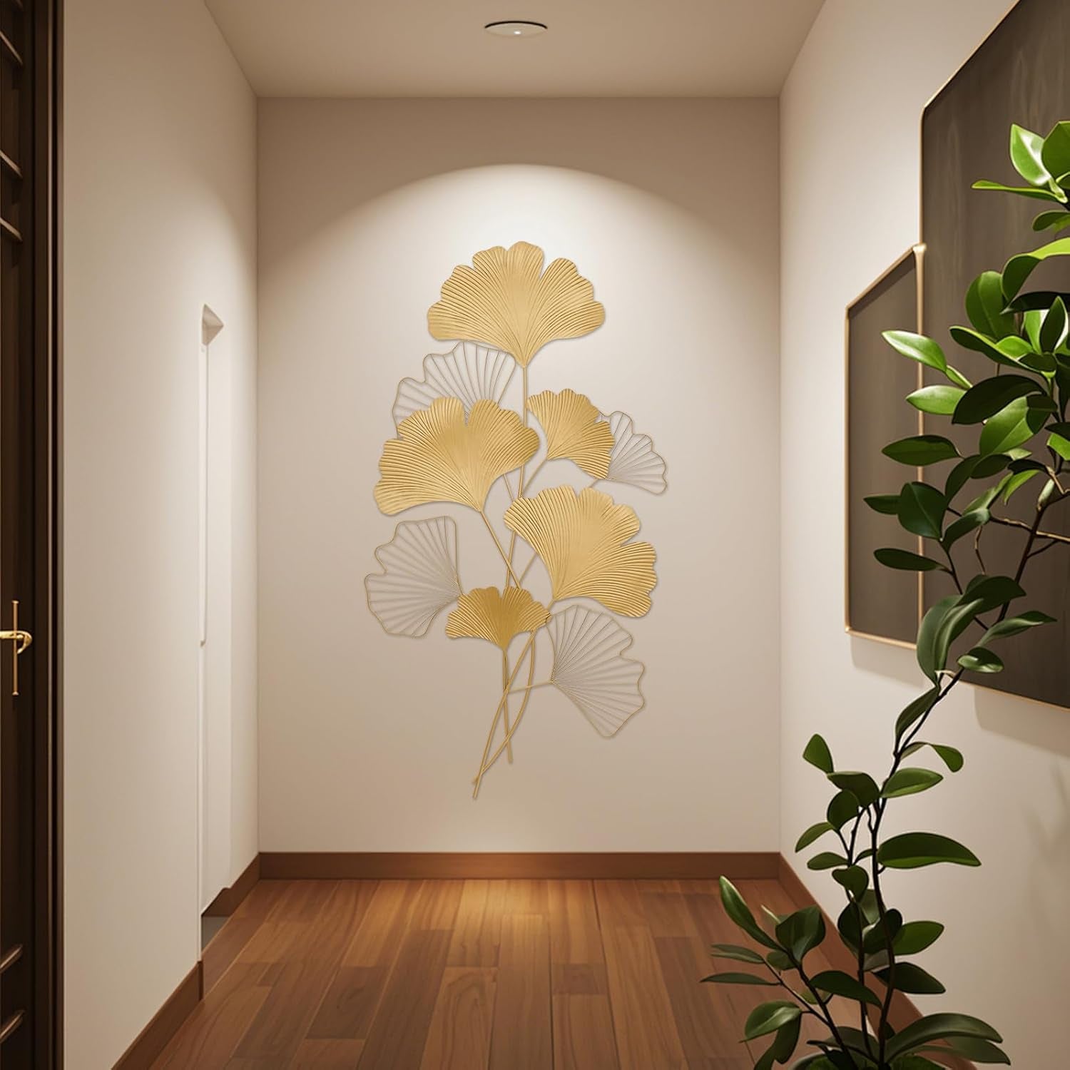 Wanddekoration Ginkgo 3D Wandbild Metall Wanddeko Blätter Wandverzierung Hintergrund Wand Wohnzimmer Elegante Dekoration Wandmontiert Wandskulpturen Für Foyer, Esszimmer, Lobby, Gold, 110X55 Cm