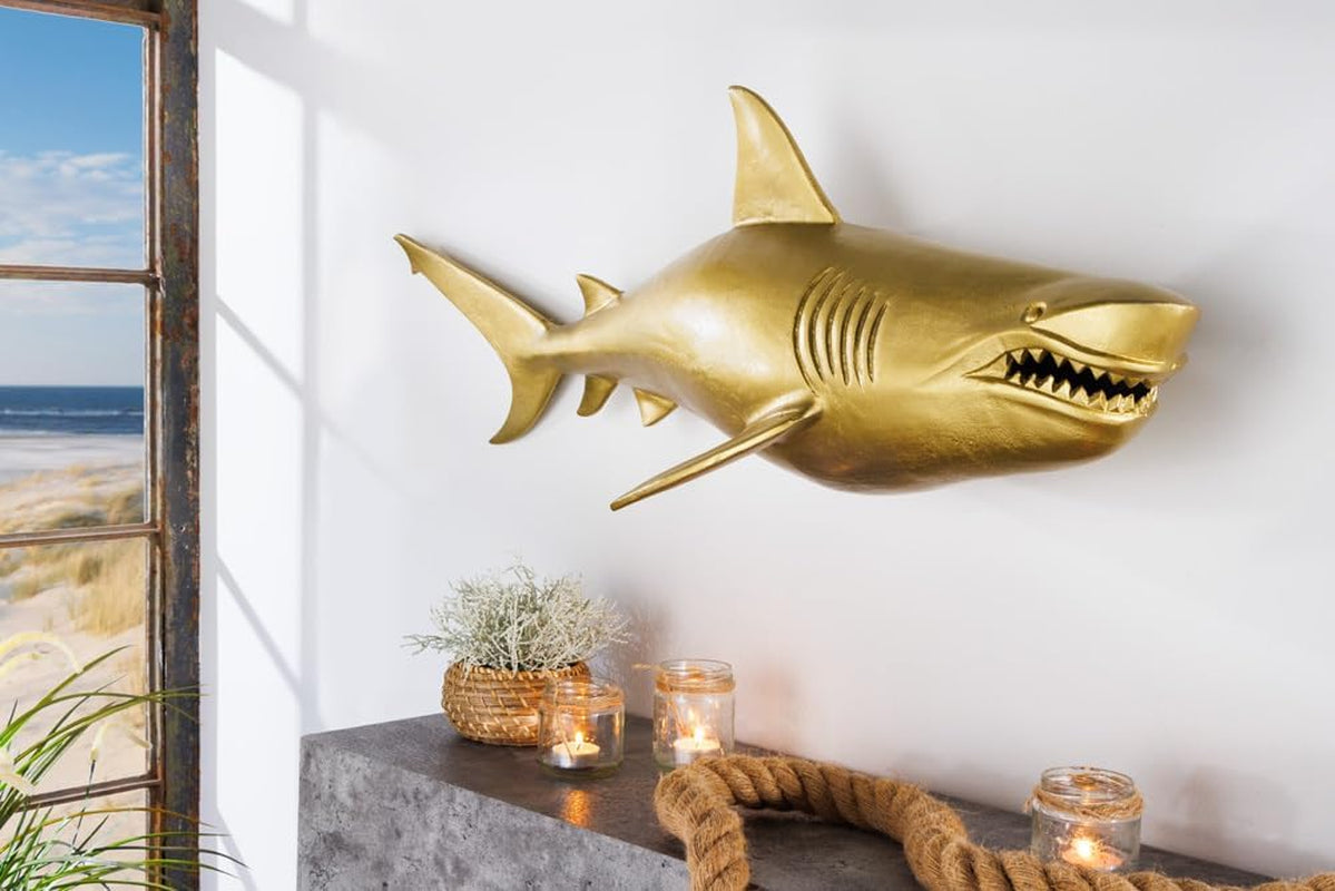 Riess Ambiente Maritime Wanddekoration HAI - 105Cm - Gold - Rechts Metall Handmade Haifisch Design Skulptur Dekofigur Dekoration