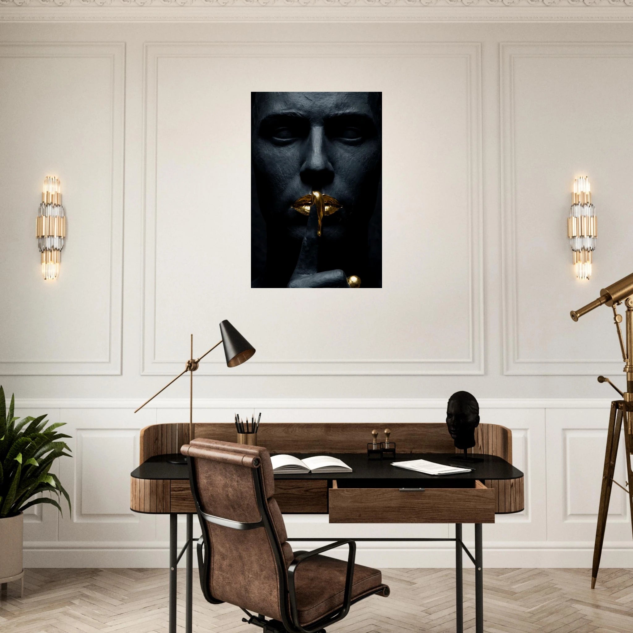 [THE GOLDEN SILENCE |Statue in Obsidian-Optik mit vergoldeten Lippen| Luxus Wandbild für Strategen] - Luxus Wandbild mit 24 Karat Gold | Dark Luxury Interior & Wanddekoration.