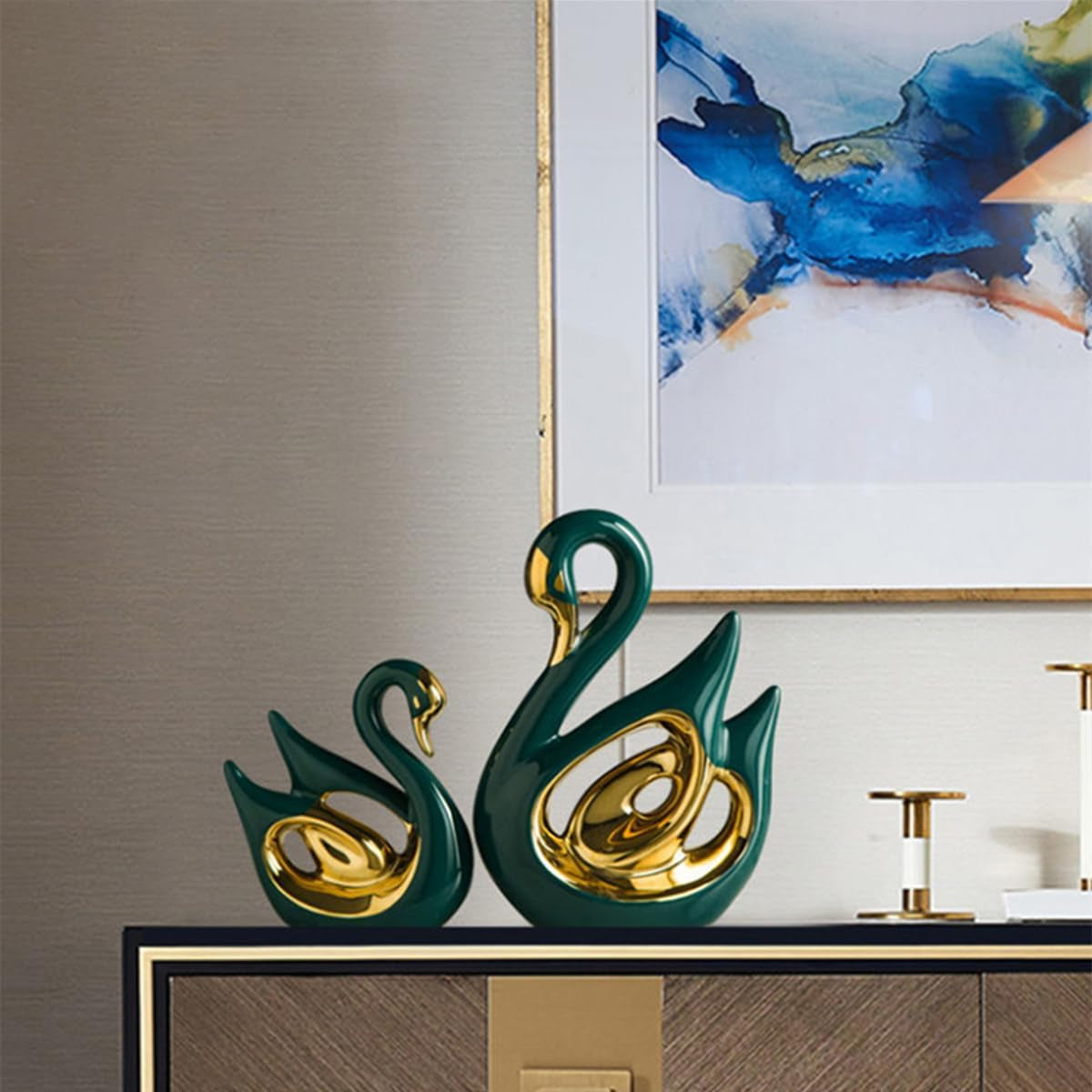 Swan Duo Gold-Grün Keramik-Skulpturen-Set