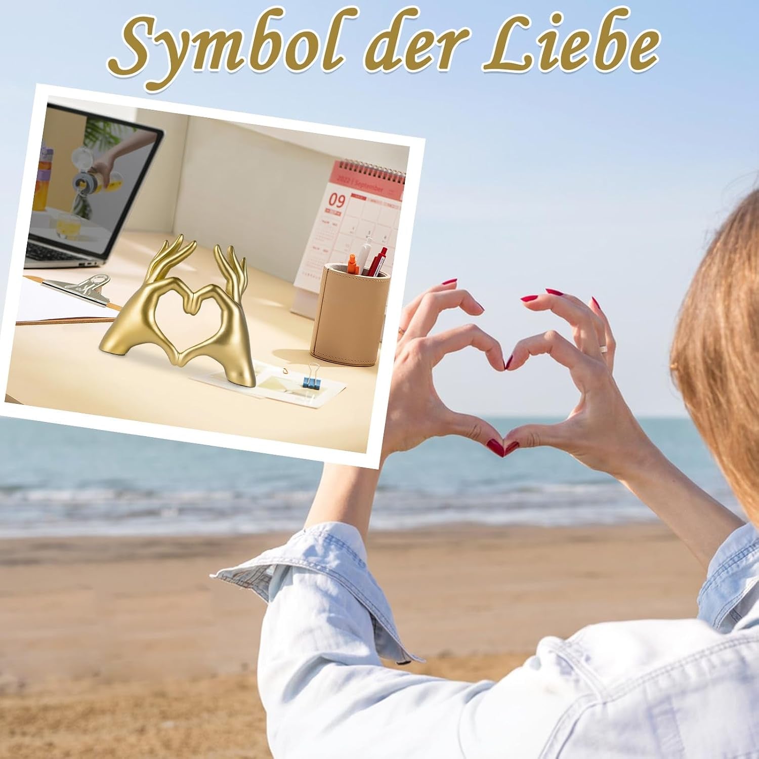 Goldene Herz Hand Skulptur, Herzform Hand Statue, Liebe Finger Deko Gold Aus Resin, Minimalistisches Herz Deko Für Wohnzimmer, Schlafzimmer, Büro & Bücherregal