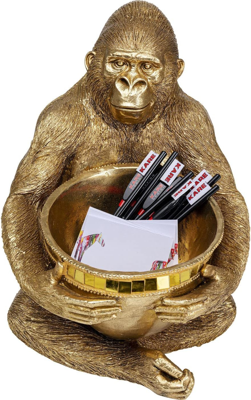Kare Design Figur Gorilla Holding Bowl, Gold, Ø8Cm Stellfläche Schüssel, Deko, Handgearbeitet, Unikat, Einzelstück, Höhe 41Cm
