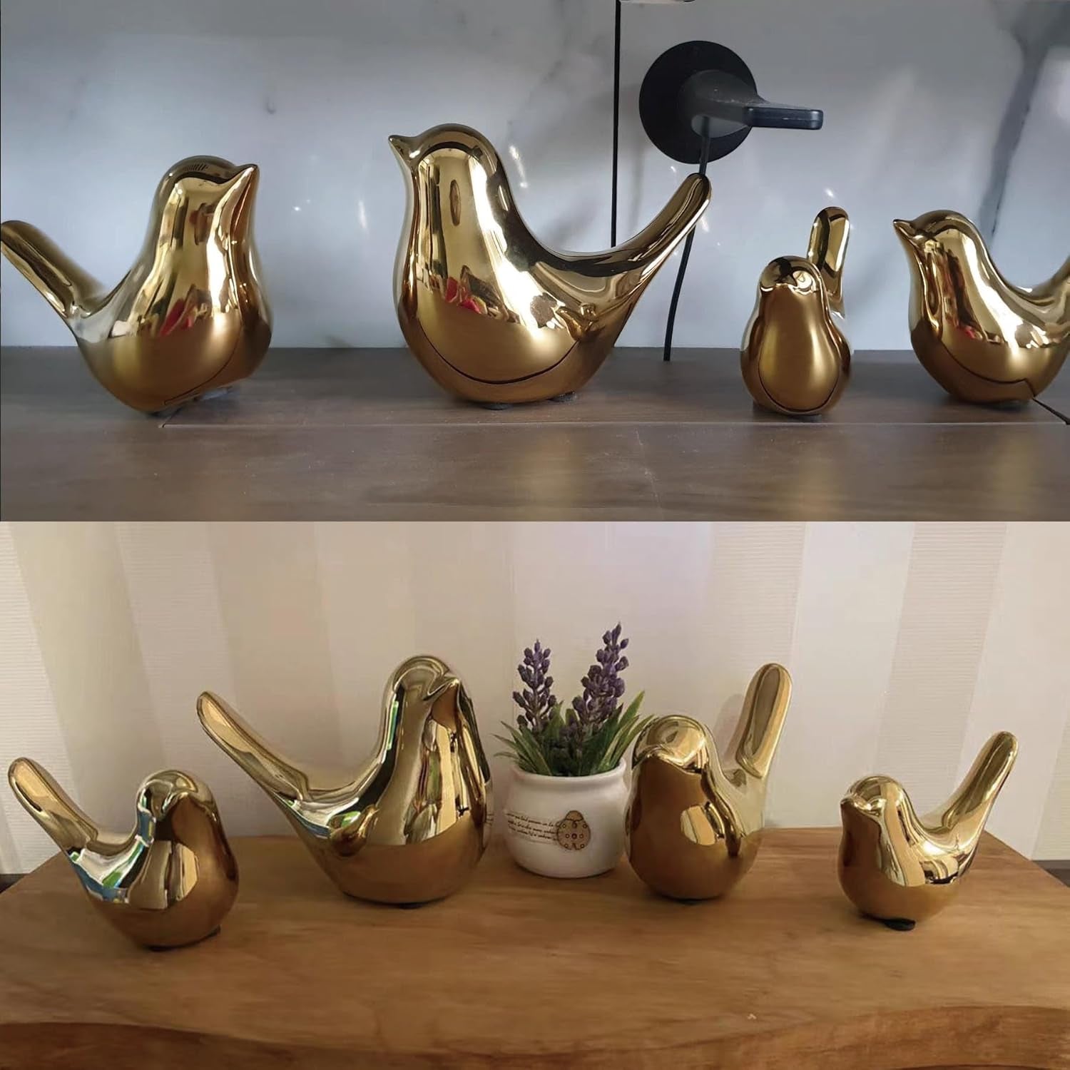 2 Stück Kleine Vögel Statuen, Keramik Vogel, Moderne Tier Vogel Skulpturen Für Landschaft Garten Home Office Desktop Display Dekor (Gold)