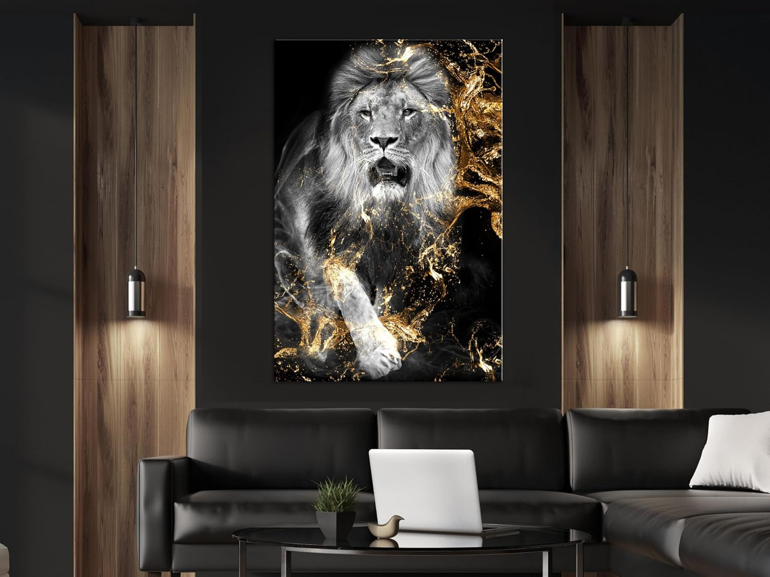 Lion Gold Acrylglasbild | Löwen-Wandbild 120 x 80 cm