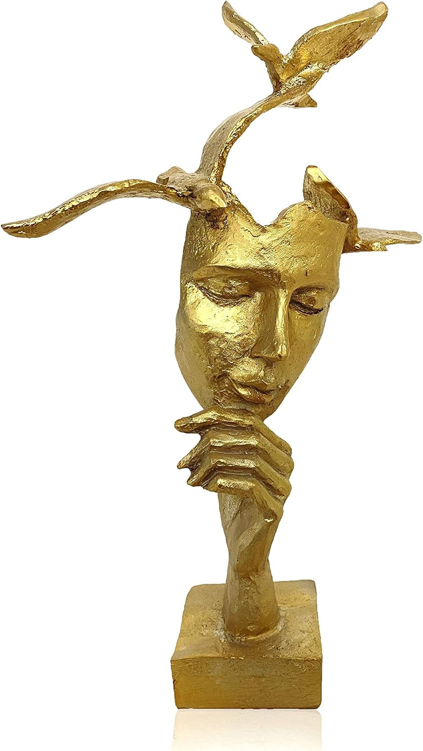 Goldene Büste mit Vogel 30 cm | Abstrakte Deko-Skulptur - LAFFARTS Gallery