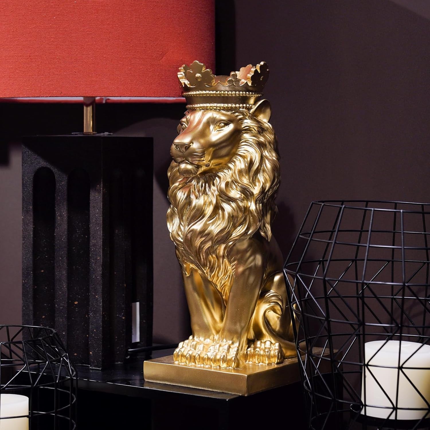 Gold Room Decor Lion Statue - Gold Statue Lion Figur House Decorations with Crown Lion Statuen Home Decor Lion Decoration Decor for Living Room Gold Decor 8.5 * 5.5 * 15 Inch