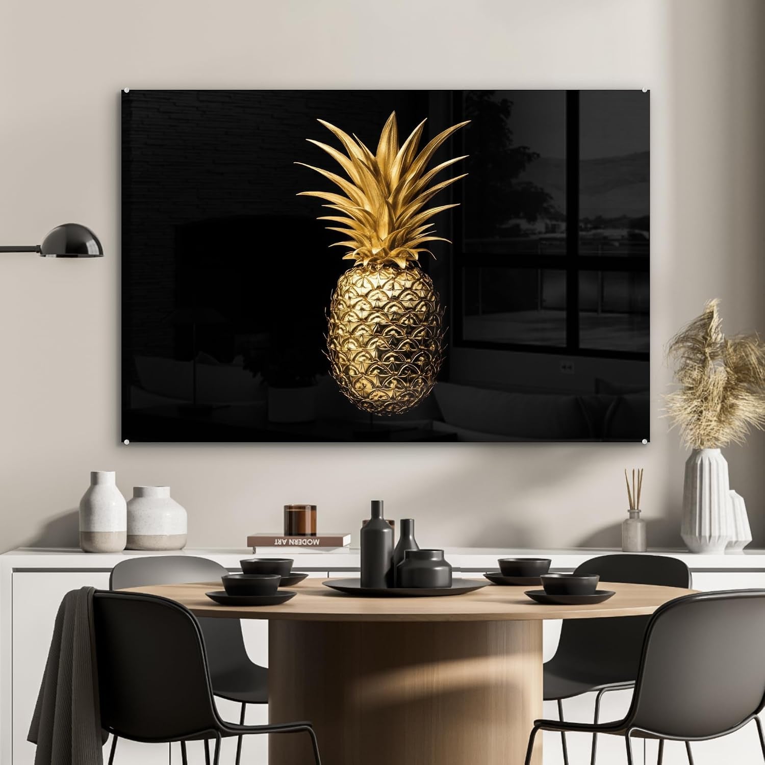 Pineapple Gold Glasbild Schwarz-Gold 120 x 80 cm