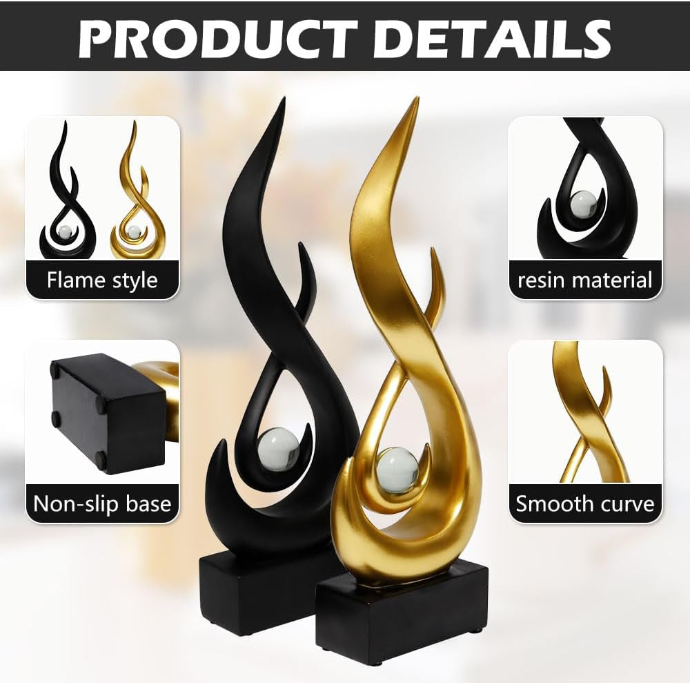 2 Stück Deko Flamme Skulptur Moderne Skulpturen Dekor Aus Kunstharz 29 X 8.7 X 4 Cm Abstrakte Kunst Skulptur Flamme Deko Moderne Statue Mit Glaskugel Für Wohnzimmer Büro Regal (Gold, Schwarz)