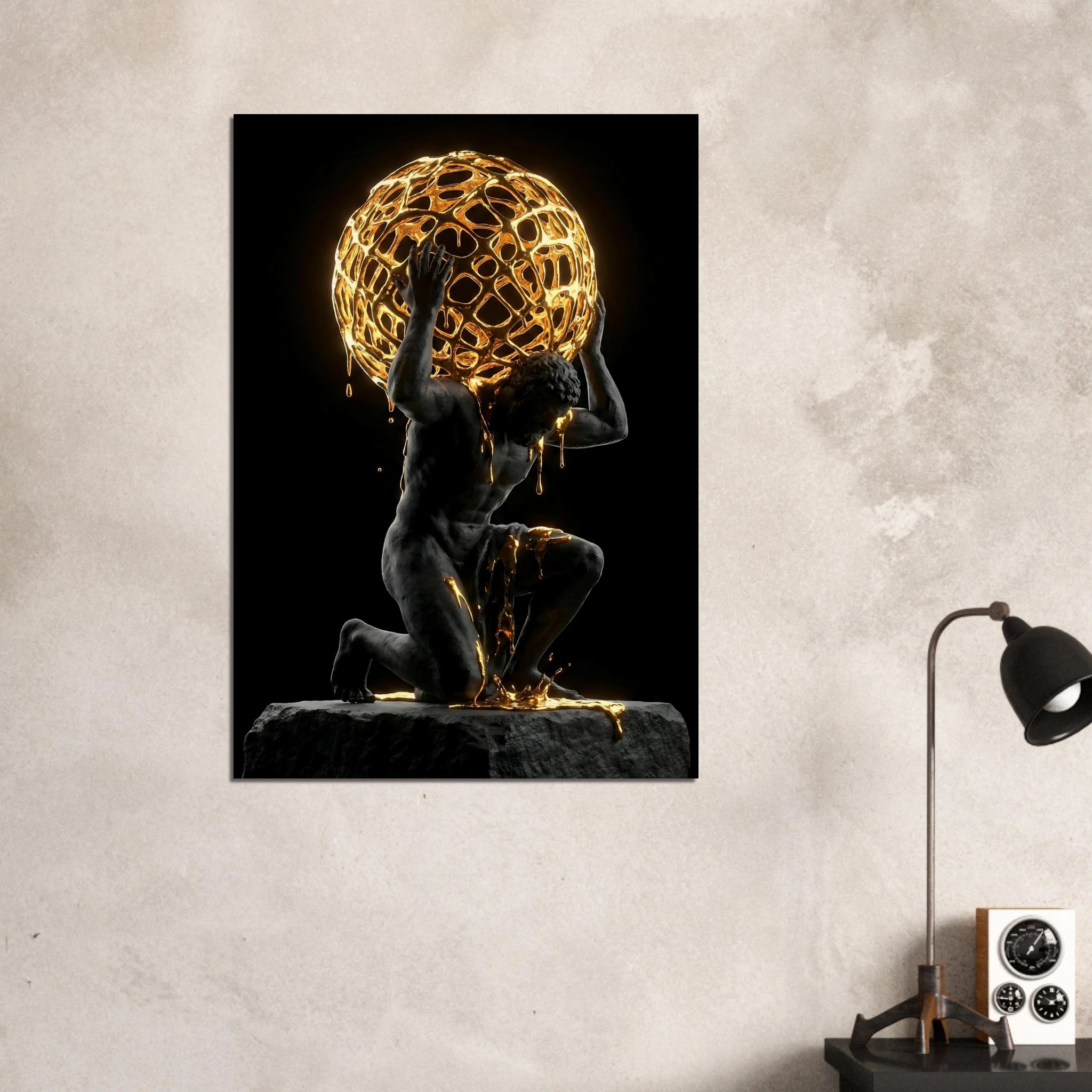 [THE GOLDEN ATLAS | Weight of Success Art | Luxus Wandbild] - Luxus Wandbild mit 24 Karat Gold | Dark Luxury Interior & Wanddekoration.