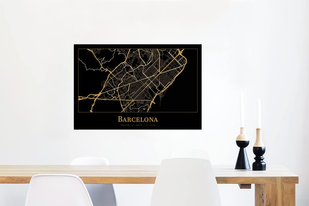 Muchowow Glasbild Glasfoto Wandbild Bilder Deko 60X40 Cm Karte - Barcelona - Gold - Schwarz