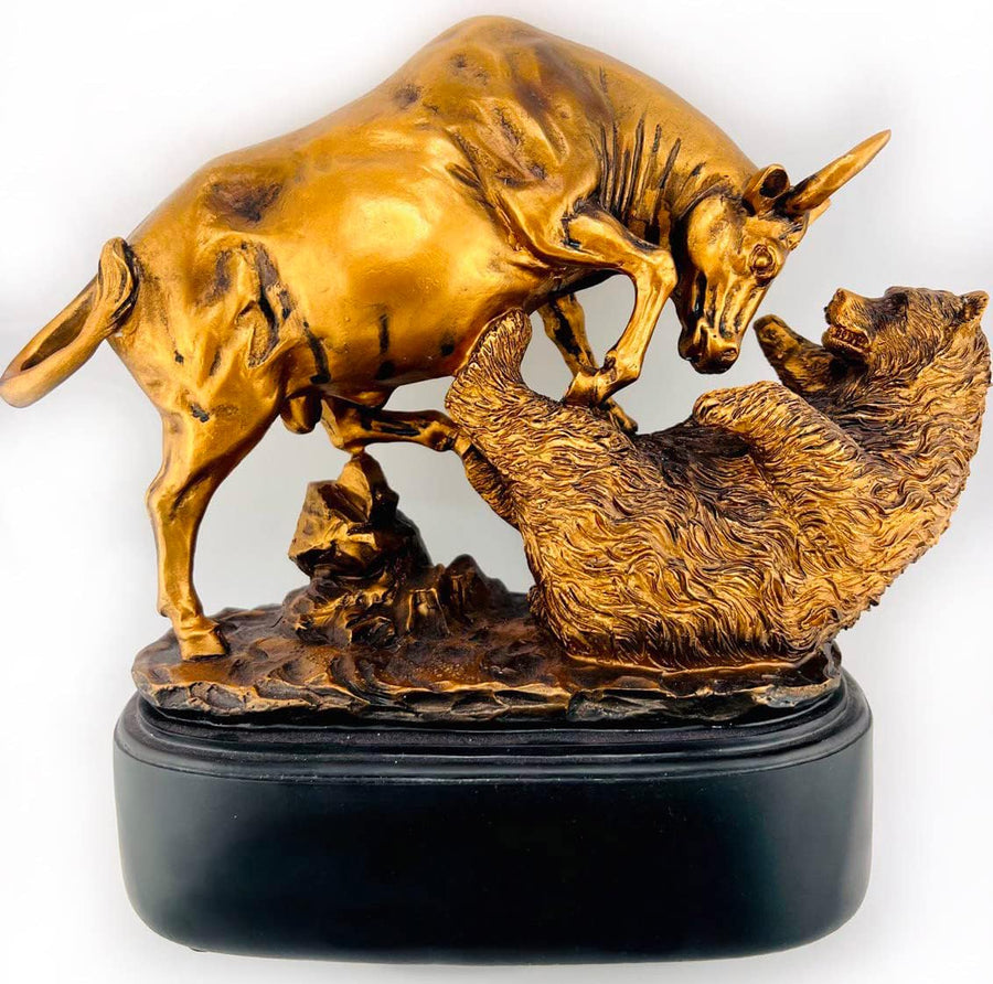 Trading Bull and Bear Statue Geschenk Für Männer Investor Büro Dekoration Wand Street Bull Vs Bear Home Decor Stock Market Goodluck Present (Golden Bronze)