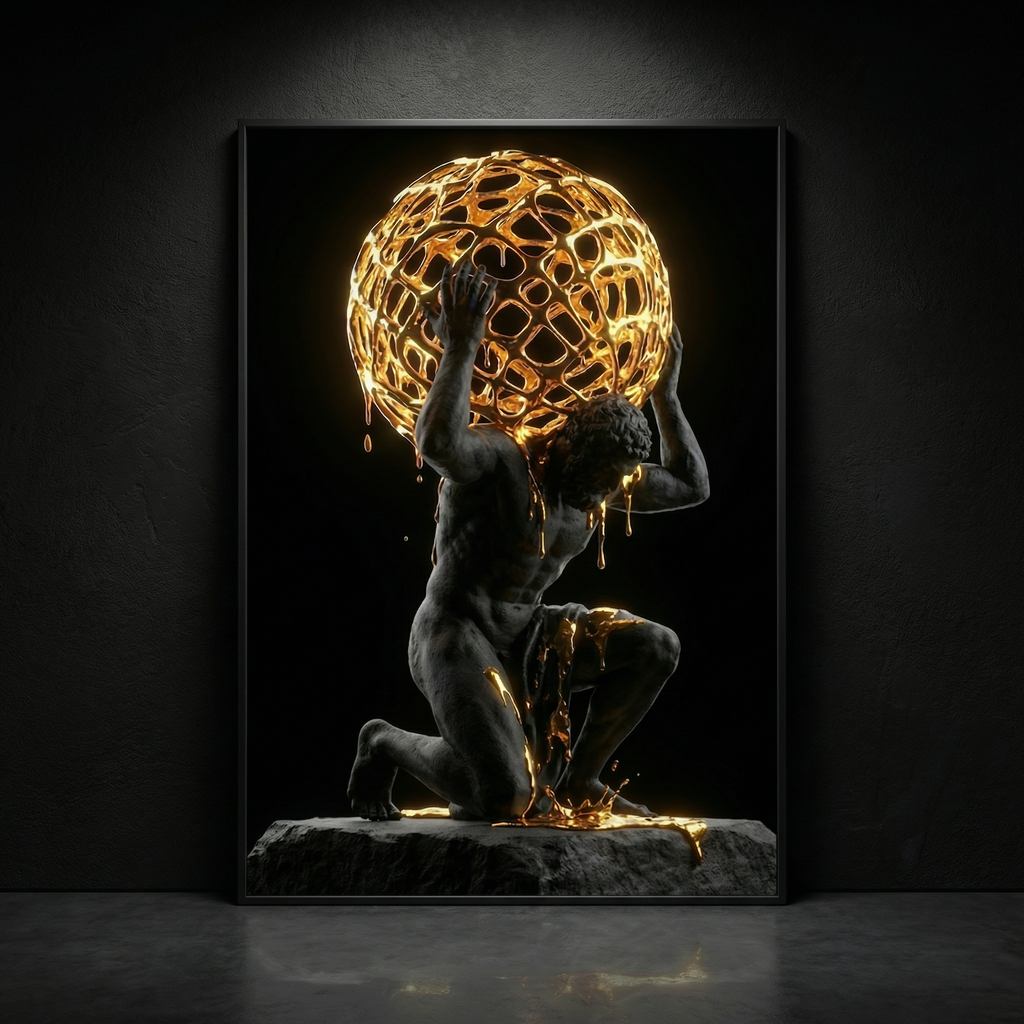 [THE GOLDEN ATLAS | Weight of Success Art | Luxus Wandbild] - Luxus Wandbild mit 24 Karat Gold | Dark Luxury Interior & Wanddekoration.