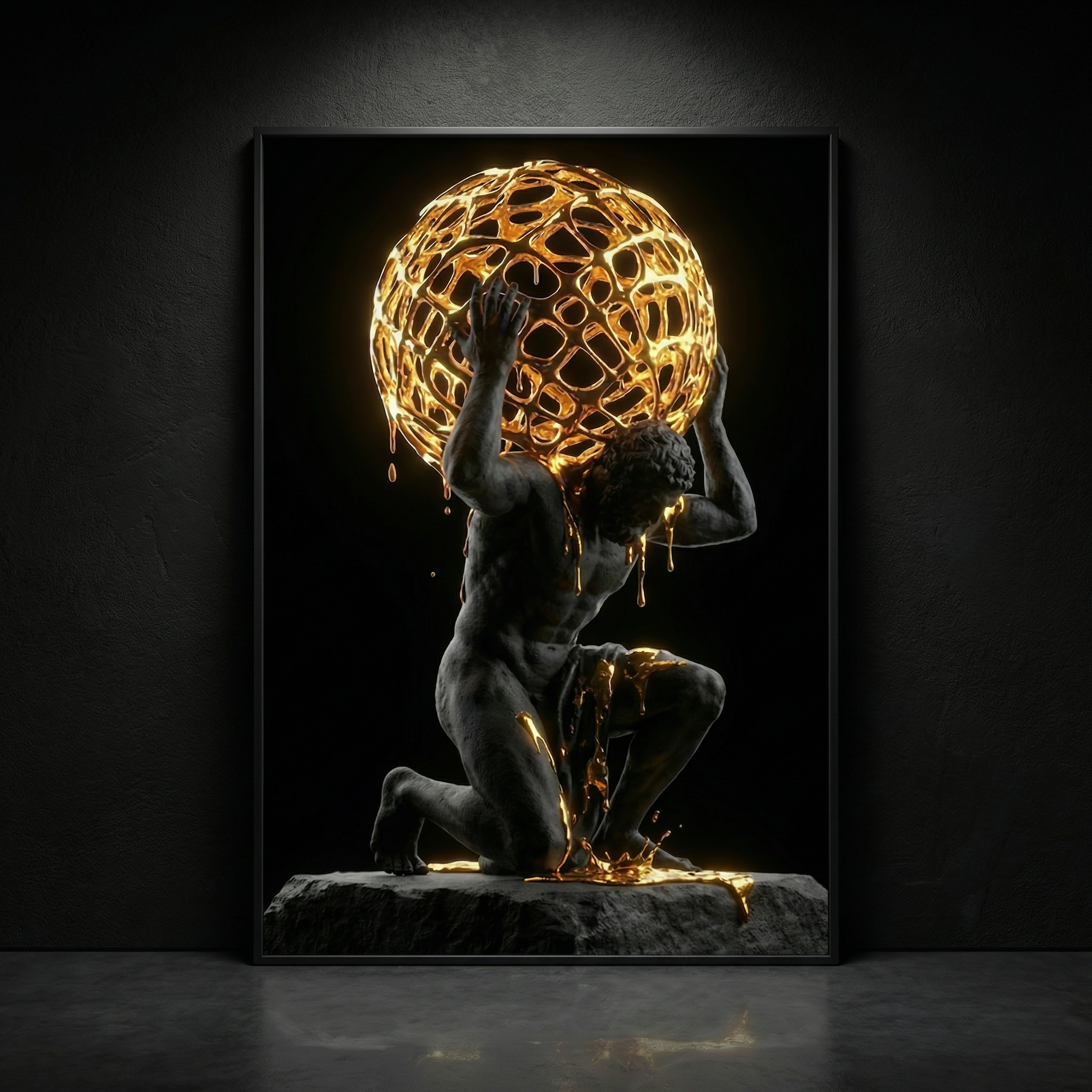 [THE GOLDEN ATLAS | Weight of Success Art | Luxus Wandbild] - Luxus Wandbild mit 24 Karat Gold | Dark Luxury Interior & Wanddekoration.