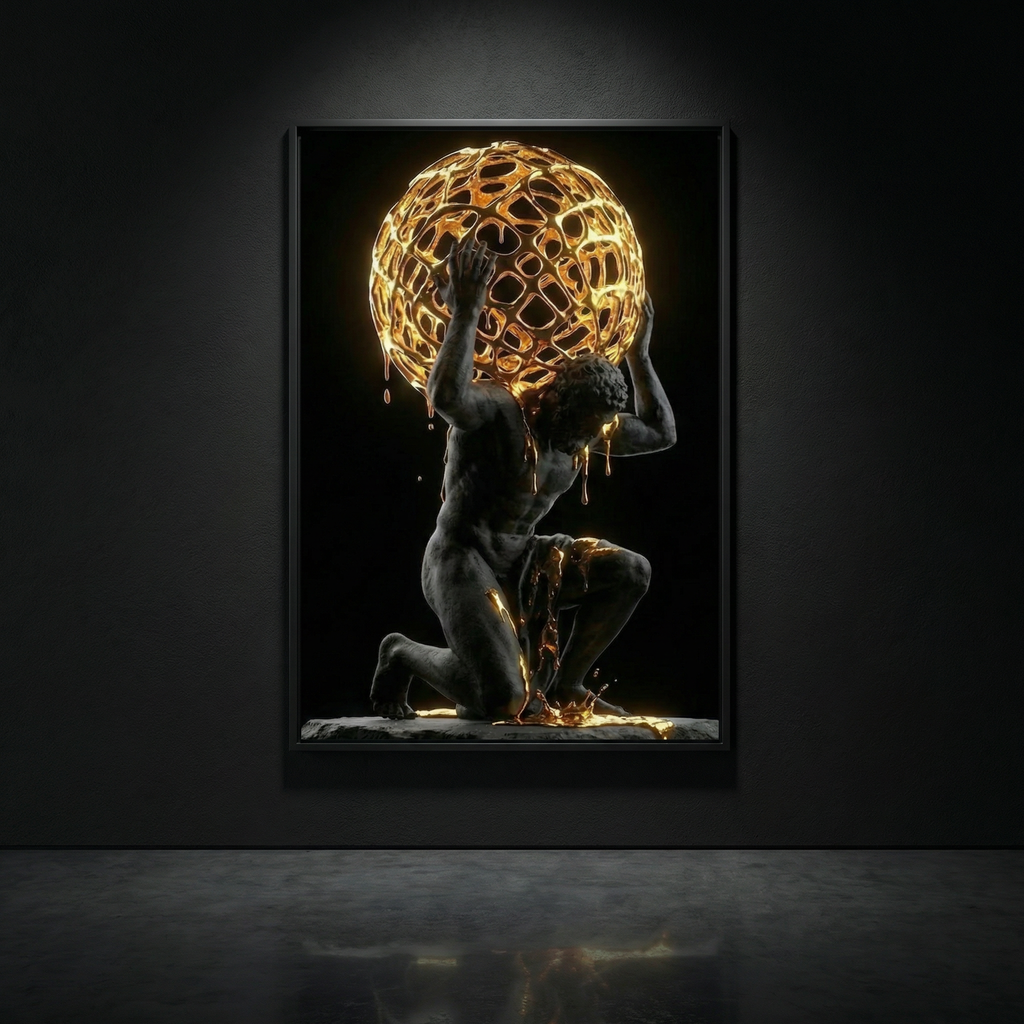 [THE GOLDEN ATLAS | Weight of Success Art | Luxus Wandbild] - Luxus Wandbild mit 24 Karat Gold | Dark Luxury Interior & Wanddekoration.