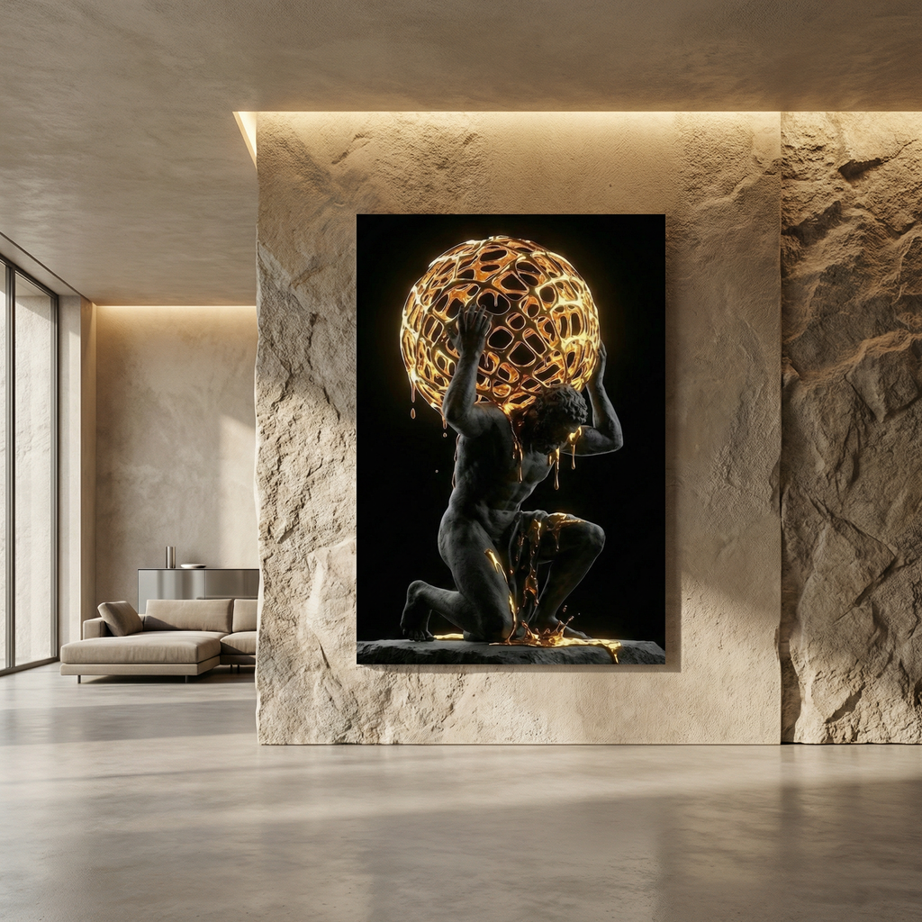 [THE GOLDEN ATLAS | Weight of Success Art | Luxus Wandbild] - Luxus Wandbild mit 24 Karat Gold | Dark Luxury Interior & Wanddekoration.
