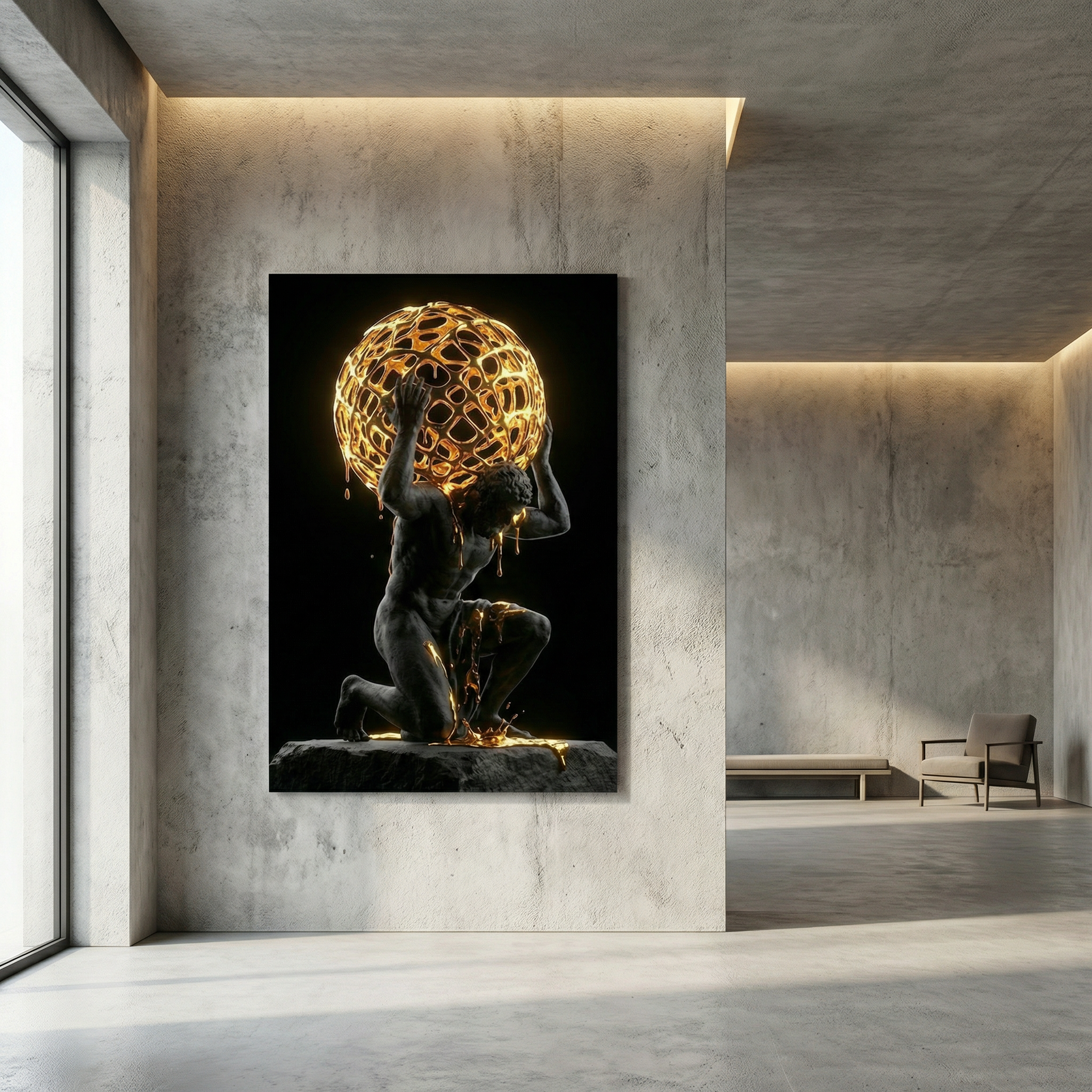 [THE GOLDEN ATLAS | Weight of Success Art | Luxus Wandbild] - Luxus Wandbild mit 24 Karat Gold | Dark Luxury Interior & Wanddekoration.