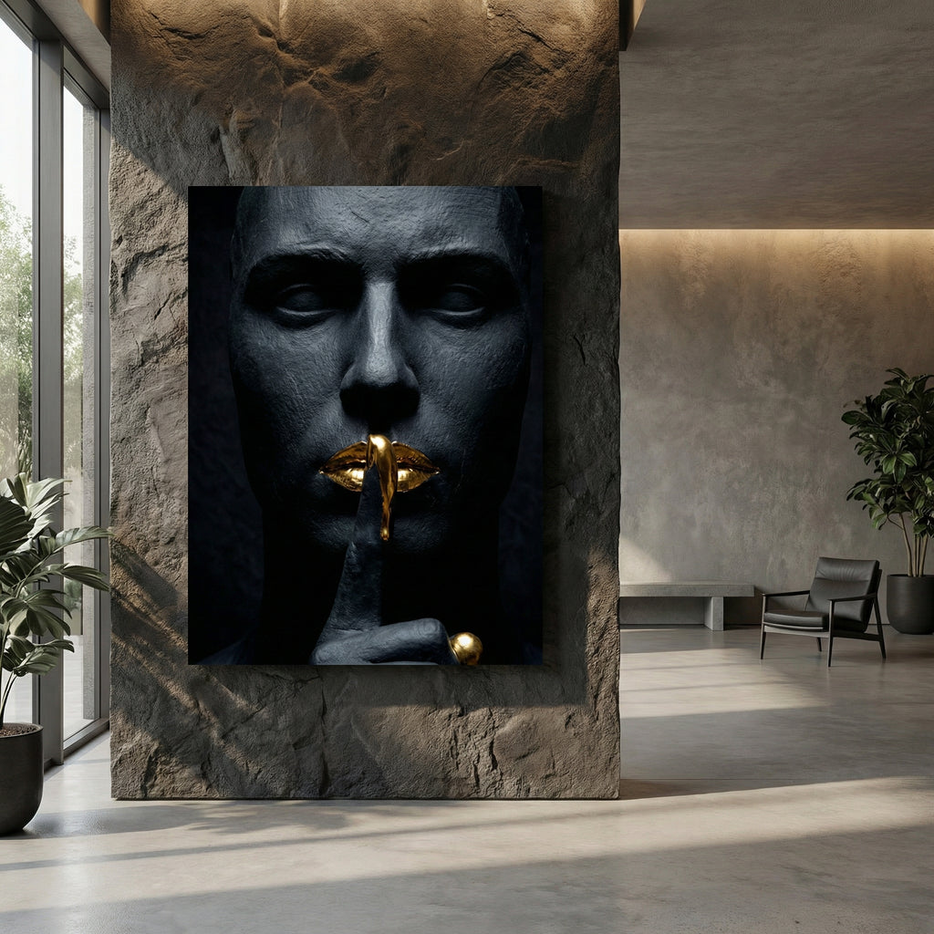 [THE GOLDEN SILENCE |Statue in Obsidian-Optik mit vergoldeten Lippen| Luxus Wandbild für Strategen] - Luxus Wandbild mit 24 Karat Gold | Dark Luxury Interior & Wanddekoration.