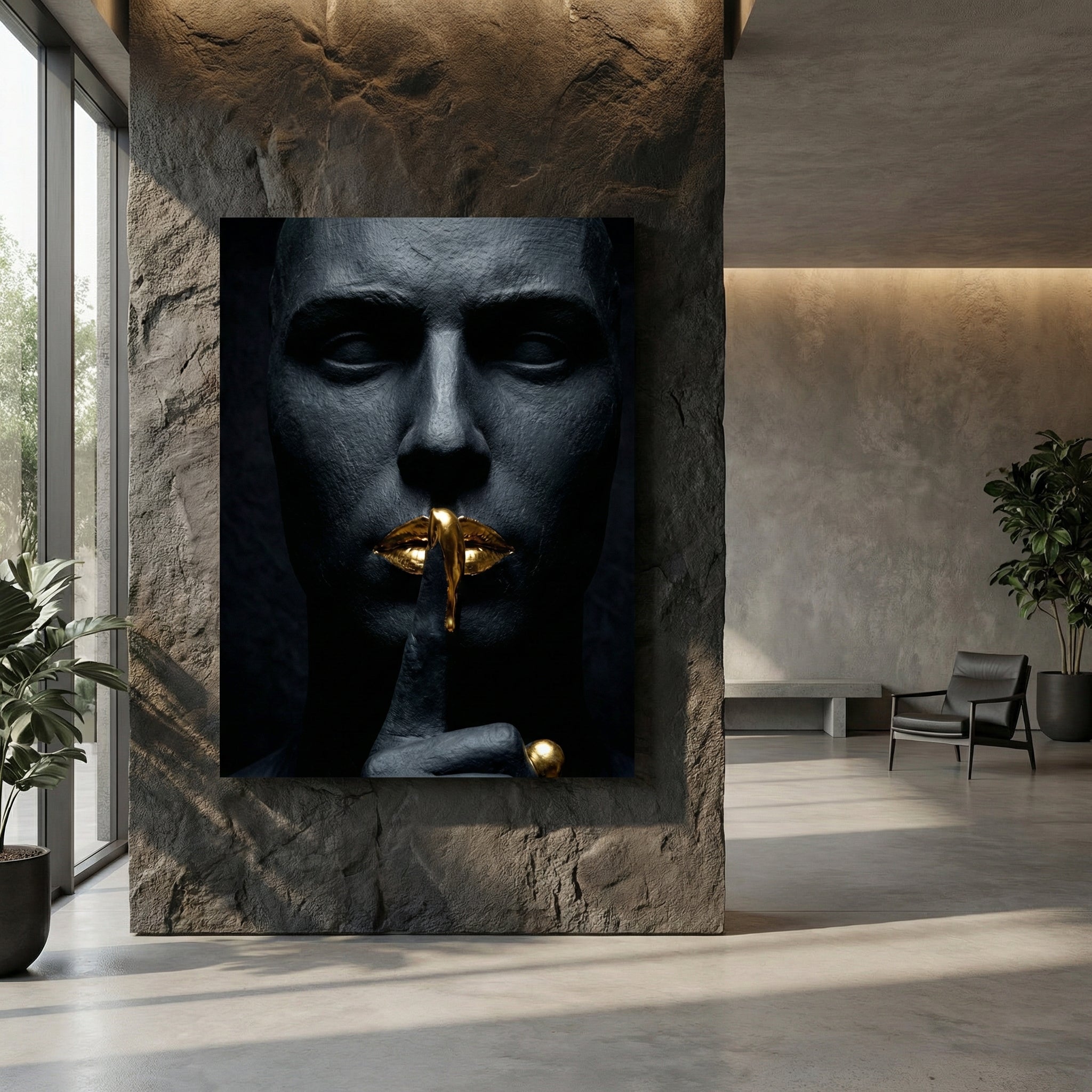 [THE GOLDEN SILENCE |Statue in Obsidian-Optik mit vergoldeten Lippen| Luxus Wandbild für Strategen] - Luxus Wandbild mit 24 Karat Gold | Dark Luxury Interior & Wanddekoration.