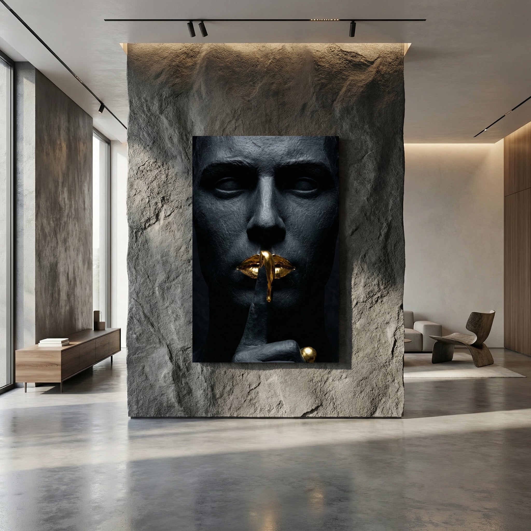 [THE GOLDEN SILENCE |Statue in Obsidian-Optik mit vergoldeten Lippen| Luxus Wandbild für Strategen] - Luxus Wandbild mit 24 Karat Gold | Dark Luxury Interior & Wanddekoration.