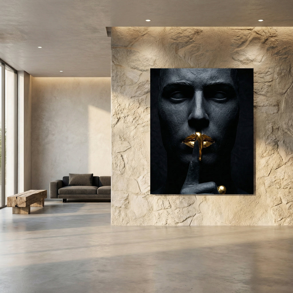 [THE GOLDEN SILENCE |Statue in Obsidian-Optik mit vergoldeten Lippen| Luxus Wandbild für Strategen] - Luxus Wandbild mit 24 Karat Gold | Dark Luxury Interior & Wanddekoration.