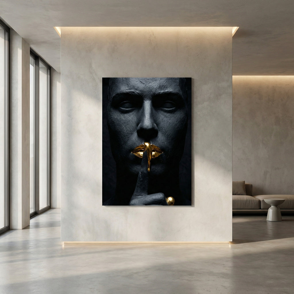 [THE GOLDEN SILENCE |Statue in Obsidian-Optik mit vergoldeten Lippen| Luxus Wandbild für Strategen] - Luxus Wandbild mit 24 Karat Gold | Dark Luxury Interior & Wanddekoration.