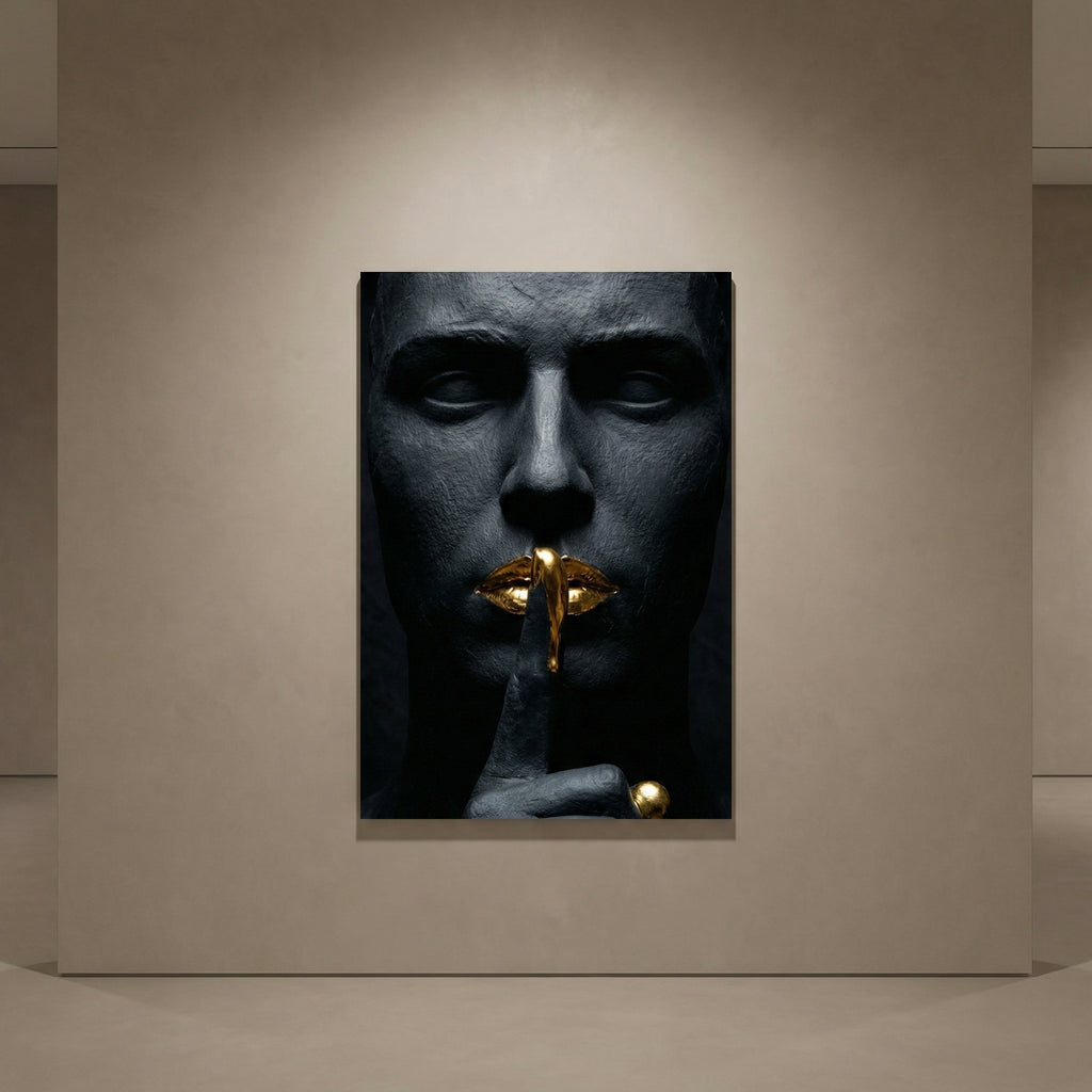 [THE GOLDEN SILENCE |Statue in Obsidian-Optik mit vergoldeten Lippen| Luxus Wandbild für Strategen] - Luxus Wandbild mit 24 Karat Gold | Dark Luxury Interior & Wanddekoration.