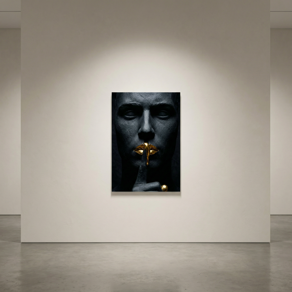 [THE GOLDEN SILENCE |Statue in Obsidian-Optik mit vergoldeten Lippen| Luxus Wandbild für Strategen] - Luxus Wandbild mit 24 Karat Gold | Dark Luxury Interior & Wanddekoration.
