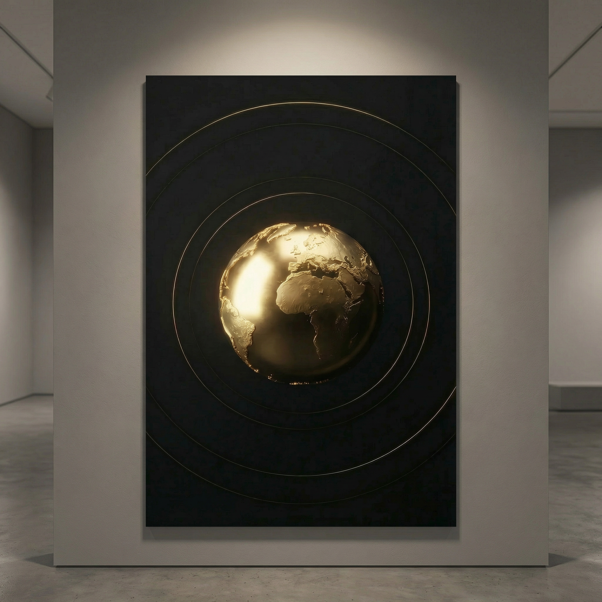 [Exklusives Kunstwerk "The World Is Yours" – Modernes 3D Globus Wandbild für dezentes Status-Ambiente] - Luxus Wandbild mit 24 Karat Gold | Dark Luxury Interior & Wanddekoration.