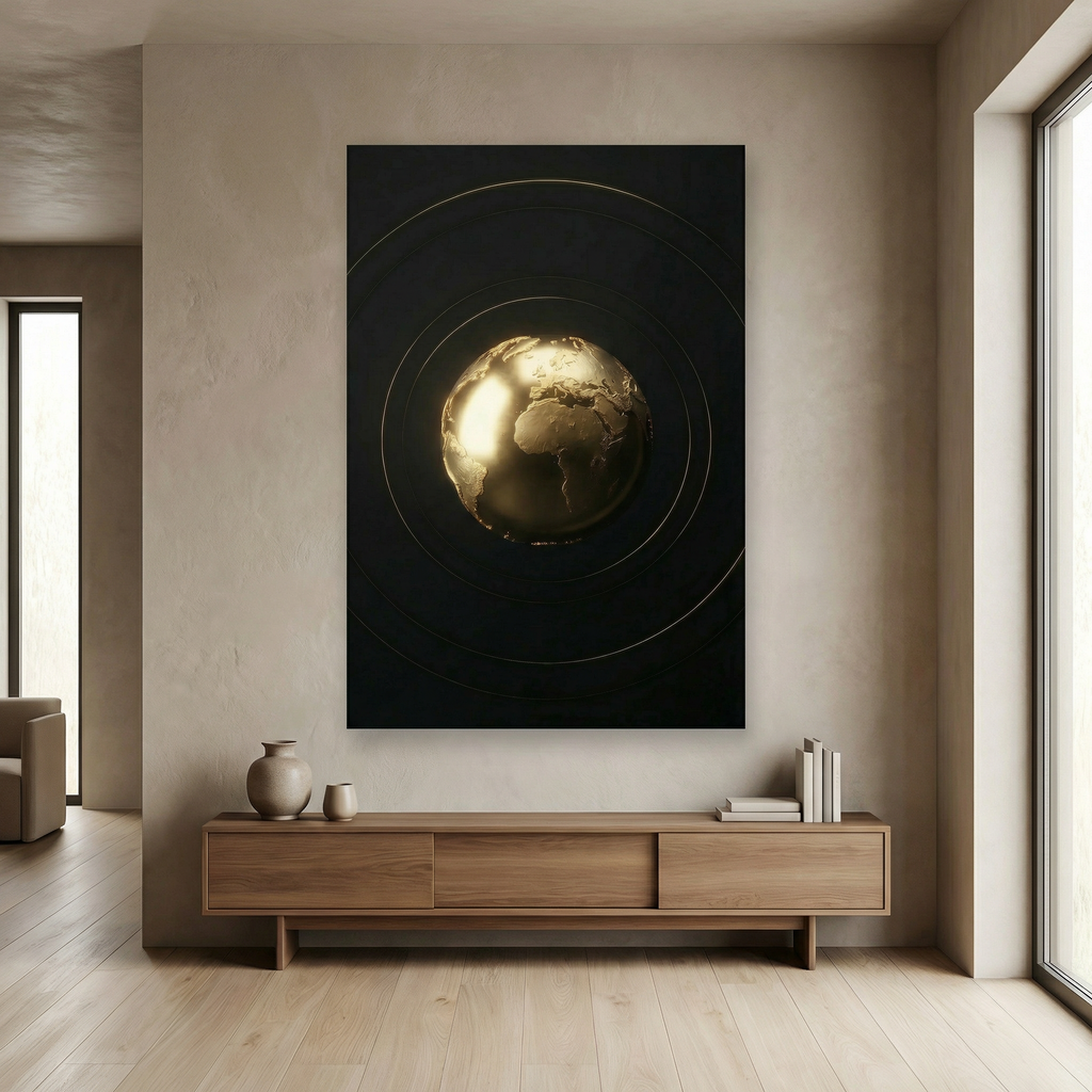 [Exklusives Kunstwerk "The World Is Yours" – Modernes 3D Globus Wandbild für dezentes Status-Ambiente] - Luxus Wandbild mit 24 Karat Gold | Dark Luxury Interior & Wanddekoration.