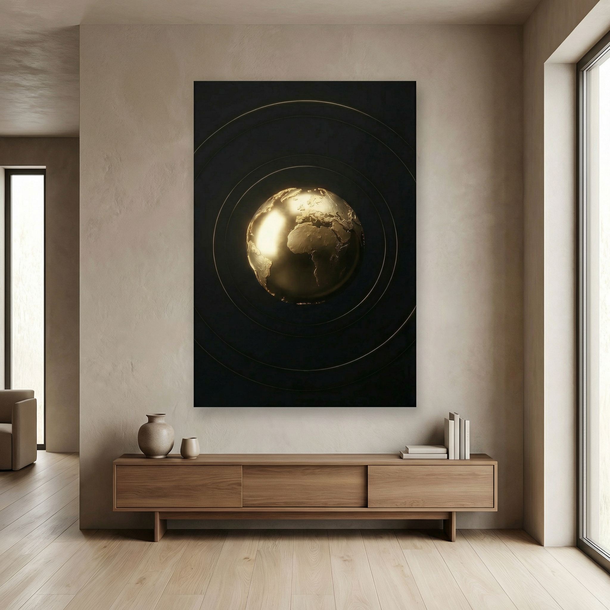 [Exklusives Kunstwerk "The World Is Yours" – Modernes 3D Globus Wandbild für dezentes Status-Ambiente] - Luxus Wandbild mit 24 Karat Gold | Dark Luxury Interior & Wanddekoration.