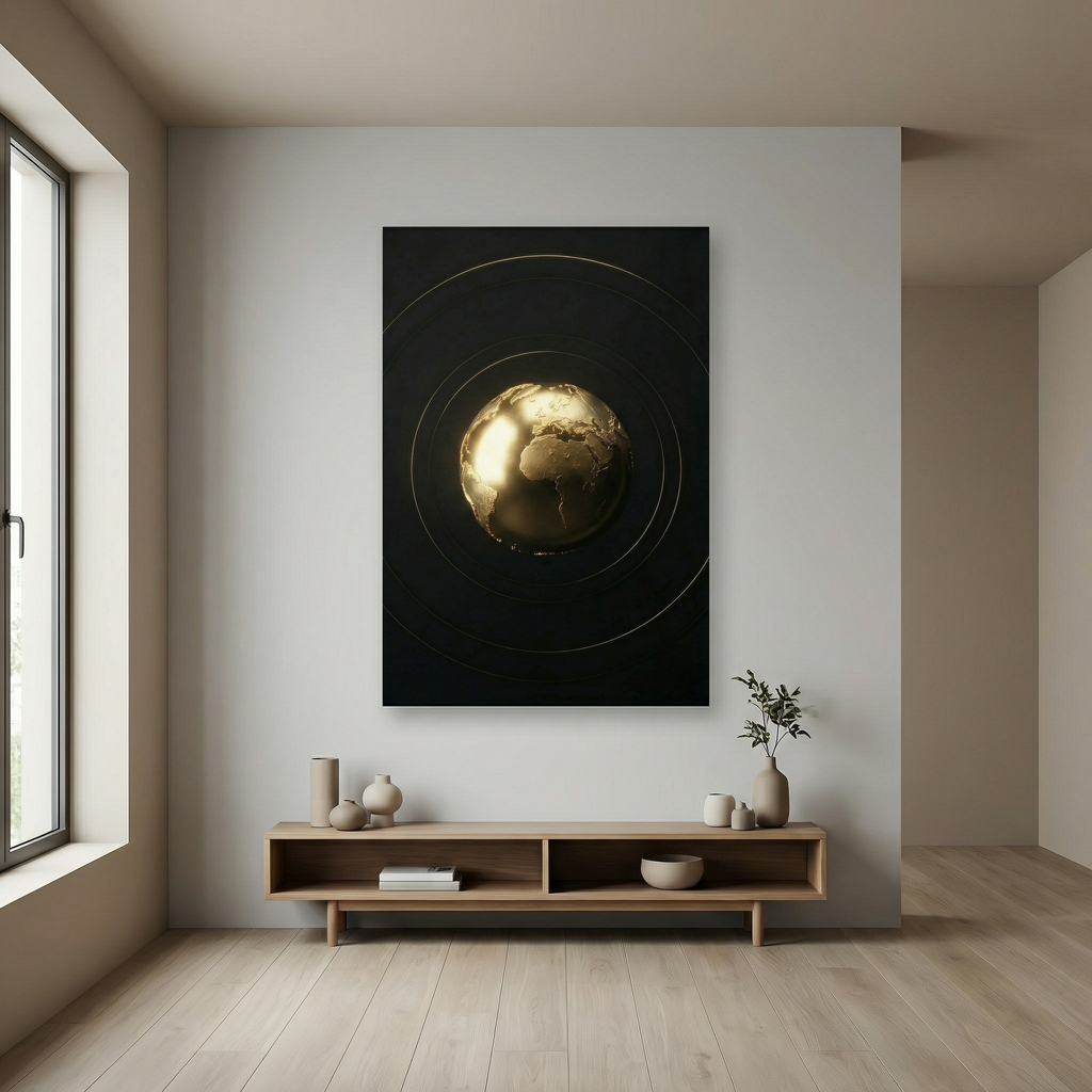 [Exklusives Kunstwerk "The World Is Yours" – Modernes 3D Globus Wandbild für dezentes Status-Ambiente] - Luxus Wandbild mit 24 Karat Gold | Dark Luxury Interior & Wanddekoration.