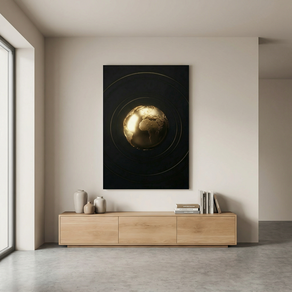 [Exklusives Kunstwerk "The World Is Yours" – Modernes 3D Globus Wandbild für dezentes Status-Ambiente] - Luxus Wandbild mit 24 Karat Gold | Dark Luxury Interior & Wanddekoration.