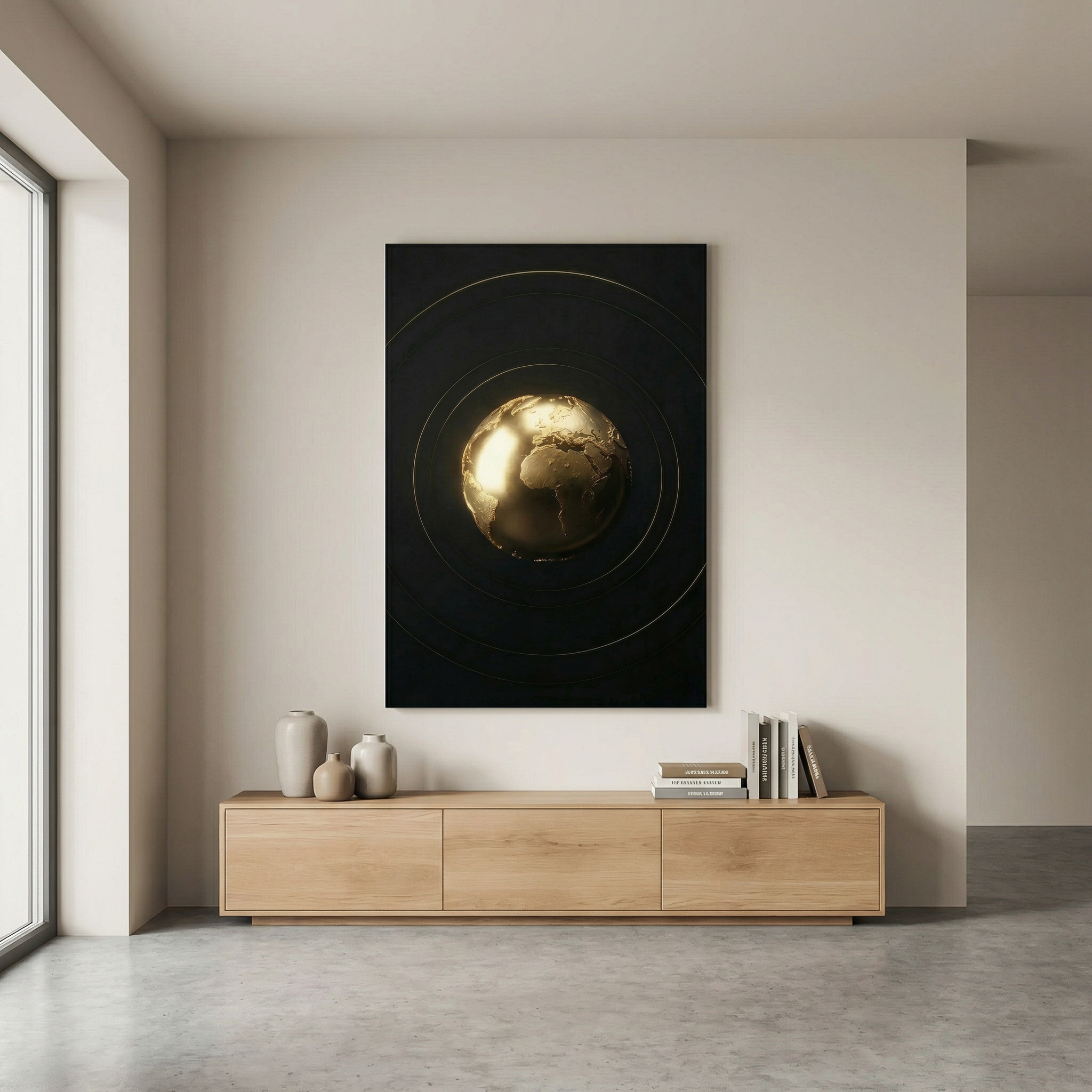 [Exklusives Kunstwerk "The World Is Yours" – Modernes 3D Globus Wandbild für dezentes Status-Ambiente] - Luxus Wandbild mit 24 Karat Gold | Dark Luxury Interior & Wanddekoration.