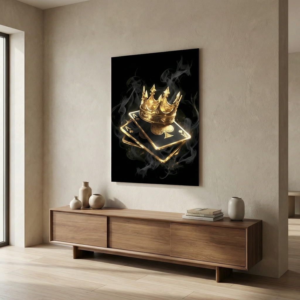 [Leinwandbild "King of Spades" – Pik Ass & Goldene Krone] - Luxus Wandbild mit 24 Karat Gold | Dark Luxury Interior & Wanddekoration.