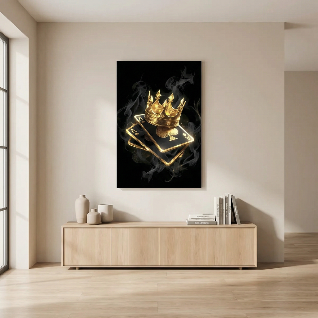 [Leinwandbild "King of Spades" – Pik Ass & Goldene Krone] - Luxus Wandbild mit 24 Karat Gold | Dark Luxury Interior & Wanddekoration.