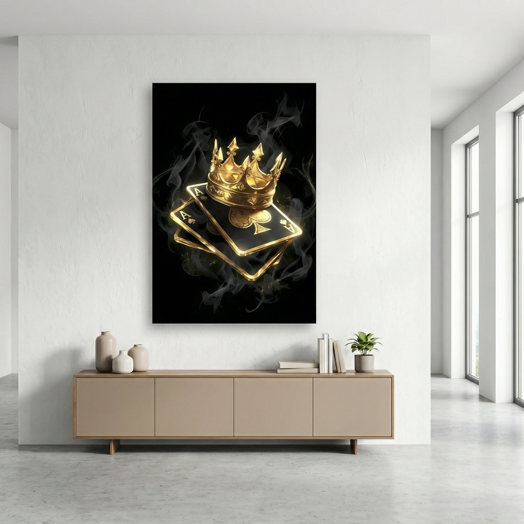 [Leinwandbild "King of Spades" – Pik Ass & Goldene Krone] - Luxus Wandbild mit 24 Karat Gold | Dark Luxury Interior & Wanddekoration.