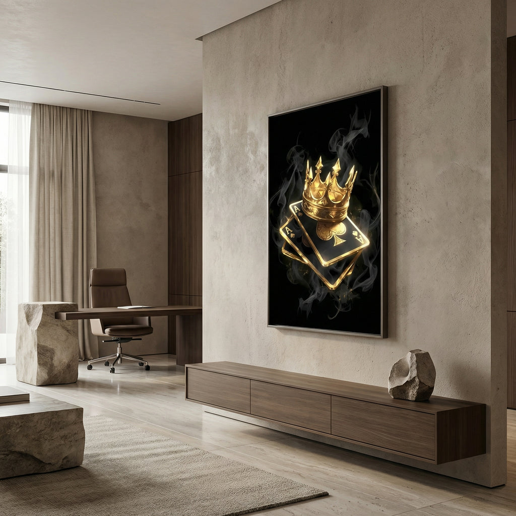 [Leinwandbild "King of Spades" – Pik Ass & Goldene Krone] - Luxus Wandbild mit 24 Karat Gold | Dark Luxury Interior & Wanddekoration.