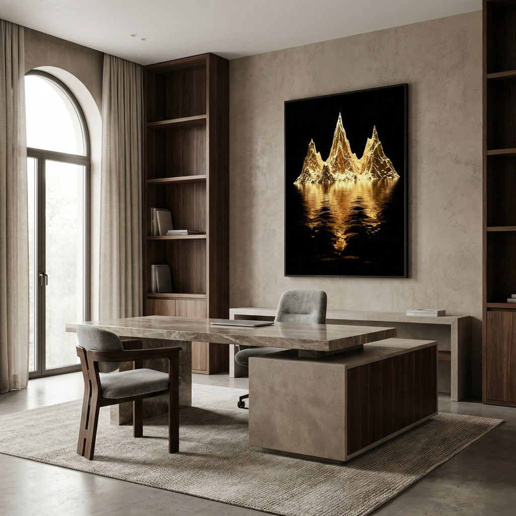 [Leinwandbild "The Golden Enigma" – Abstraktes Schwarz-Gold Wandbild] - Luxus Wandbild mit 24 Karat Gold | Dark Luxury Interior & Wanddekoration.